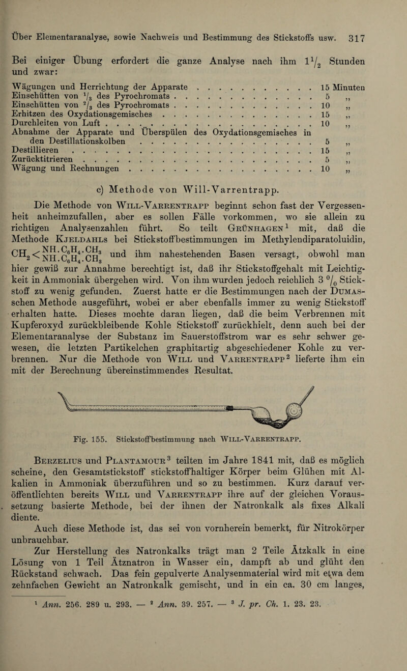 Bei einiger Übung erfordert die ganze Analyse nach ihm l1/ Stunden und zwar: Wägungen und Herrichtung der Apparate. Einschütten von lj3 des Pyrochromats.. Einschütten von 2/3 des Pyrochromats. Erhitzen des Oxydationsgemisches. Durchleiten von Luft .. Abnahme der Apparate und Überspülen des Oxydationsgemisches in den Destillationskolben . Destillieren. Zurücktitrieren. Wägung und Eechnungen. 15 Minuten 5 n 10 n 15 11 10 11 5 11 15 11 5 V 10 11 c) Methode von Will-Varrentrapp. Die Methode von Will-Varrentrapp beginnt schon fast der Vergessen¬ heit anheimzufallen, aber es sollen Fälle Vorkommen, wo sie allein zu richtigen Analysenzahlen führt. So teilt Grünhagen1 mit, daß die Methode Kjeldahls bei Stickstoffbestimmungen im Methylendiparatoluidin, NH CH CH CH2<Inh'c6H4,CH3 un(^ n bestehenden Basen versagt, obwohl man hier gewiß zur Annahme berechtigt ist, daß ihr Stickstoffgehalt mit Leichtig¬ keit in Ammoniak übergehen wird. Von ihm wurden jedoch reichlich 3 °/0 Stick¬ stoff zu wenig gefunden. Zuerst hatte er die Bestimmungen nach der Dumas- schen Methode ausgeführt, wobei er aber ebenfalls immer zu wenig Stickstoff erhalten hatte. Dieses mochte daran liegen, daß die beim Verbrennen mit Kupferoxyd zurückbleibende Kohle Stickstoff zurückhielt, denn auch bei der Elementaranalyse der Substanz im Sauerstoffstrom war es sehr schwer ge¬ wesen, die letzten Partikelchen graphitartig abgeschiedener Kohle zu ver¬ brennen. Nur die Methode von Will und Varrentrapp2 lieferte ihm ein mit der Berechnung übereinstimmendes Resultat. Fig. 155. Stickstoffbestimmung nach Will-Varrentrapp. Berzelius und Plantamour3 teilten im Jahre 1841 mit, daß es möglich scheine, den Gesamtstickstoff stickstoffhaltiger Körper beim Glühen mit Al¬ kalien in Ammoniak überzuführen und so zu bestimmen. Kurz darauf ver¬ öffentlichten bereits Will und Varrentrapp ihre auf der gleichen Voraus¬ setzung basierte Methode, bei der ihnen der Natronkalk als fixes Alkali diente. Auch diese Methode ist, das sei von vornherein bemerkt, für Nitrokörper unbrauchbar. Zur Herstellung des Natronkalks trägt man 2 Teile Ätzkalk in eine Lösung von 1 Teil Ätznatron in Wasser ein, dampft ab und glüht den Rückstand schwach. Das fein gepulverte Analysenmaterial wird mit efwa dem zehnfachen Gewicht an Natronkalk gemischt, und in ein ca. 30 cm langes, 1 Ann. 256. 289 u. 293. — 2 Ann. 39. 257. 3 J. pr. Ch. 1. 23. 23.