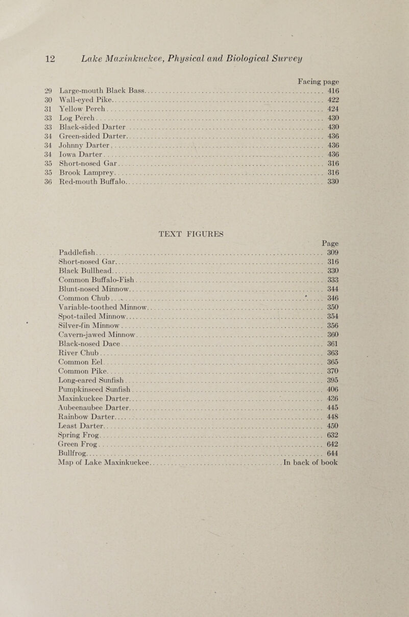 Facing page 29 Large-mouth Black Bass. 416 30 Wall-eyed Pike. 422 31 Yellow Perch. 424 33 Log Perch. 430 33 Black-sided Darter. 430 34 Green-sidecl Darter. 436 34 Johnny Darter. 436 34 Iowa Darter. 436 35 Short-nosed Gar. 316 35 Brook Lamprey. 316 36 Red-mouth Buffalo. 330 TEXT FIGURES Page Paddlefish. 309 Short-nosed Gar. 316 Black Bullhead. 330 Common Buffalo-Fish. 333 Blunt-nosed Minnow. 344 Common Chub .. ....*..... 346 Variable-toothed Minnow. 350 Spot-tailed Minnow. 354 Silver-fin Minnow. 356 Cavern-jawed Minnow. 360 Black-nosed Dace. 361 River Chub. 363 Common Eel. 365 Common Pike. 370 Long-eared Sunfish. 395 Pumpkinseed Sunfish. 406 Maxinkuckee Darter. 436 Aubeenaubee Darter. 445 Rainbow Darter.. 448 Least Darter. 450 Spring Frog. 632 Green Frog. 642 Bullfrog. 644 Map of Lake Maxinkuckee.In back of book
