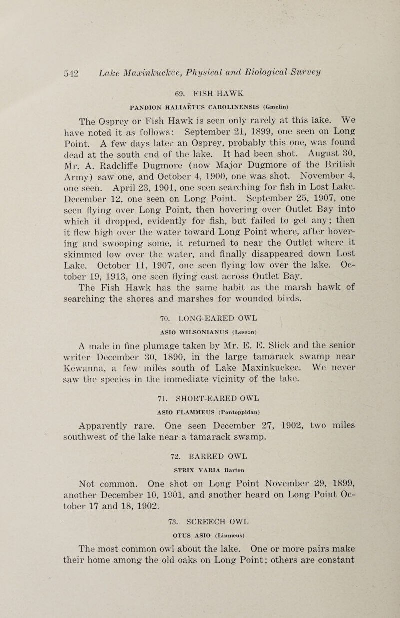 69. FISH HAWK PANDION HALIAETUS CAROLINENSIS (Gmelin) The Osprey or Fish Hawk is seen only rarely at this lake. We have noted it as follows: September 21, 1899, one seen on Long Point. A few days later an Osprey, probably this one, was found dead at the south end of the lake. It had been shot. August 30, Mr. A. Radcliffe Dugmore (now Major Dugmore of the British Army) saw one, and October 4, 1900, one was shot. November 4, one seen. April 23, 1901, one seen searching for fish in Lost Lake. December 12, one seen on Long Point. September 25, 1907, one seen flying over Long Point, then hovering over Outlet Bay into which it dropped, evidently for fish, but failed to get any; then it flew high over the water toward Long Point where, after hover¬ ing and swooping some, it returned to near the Outlet where it skimmed low over the water, and finally disappeared down Lost Lake. October 11, 1907, one seen flying low over the lake. Oc¬ tober 19, 1913, one seen flying east across Outlet Bay. The Fish Hawk has the same habit as the marsh hawk of searching the shores and marshes for wounded birds. 70. LONG-EARED OWL ASIO WILSONIANUS (Lesson) A male in fine plumage taken by Mr. E. E. Slick and the senior writer December 30, 1890, in the large tamarack swamp near Kewanna, a few miles south of Lake Maxinkuckee. We never saw the species in the immediate vicinity of the lake. 71. SHORT-EARED OWL ASIO FLAMMEUS (Pontoppidan) Apparently rare. One seen December 27, 1902, two miles southwest of the lake near a tamarack swamp. 72. BARRED OWL STRIX VARIA Barton Not common. One shot on Long Point November 29, 1899, another December 10, 1901, and another heard on Long Point Oc¬ tober 17 and 18, 1902. 73. SCREECH OWL OTUS ASIO (Linnaeus) The most common owl about the lake. One or more pairs make their home among the old oaks on Long Point; others are constant