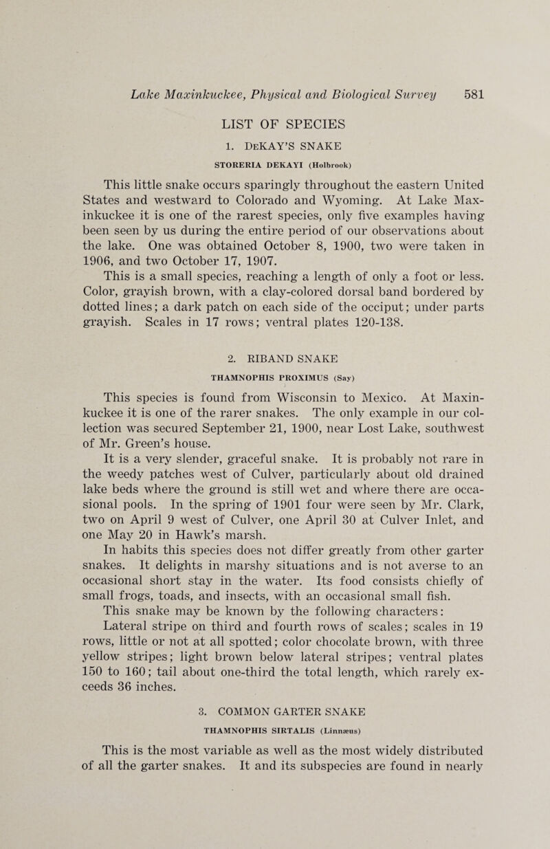 LIST OF SPECIES 1. DeKAY’S snake STORERIA DEKAYI (Holbrook) This little snake occurs sparingly throughout the eastern United States and westward to Colorado and Wyoming. At Lake Max¬ inkuckee it is one of the rarest species, only five examples having been seen by us during the entire period of our observations about the lake. One was obtained October 8, 1900, two were taken in 1906, and two October 17, 1907. This is a small species, reaching a length of only a foot or less. Color, grayish brown, with a clay-colored dorsal band bordered by dotted lines; a dark patch on each side of the occiput; under parts grayish. Scales in 17 rows; ventral plates 120-138. 2. RIBAND SNAKE THAMNOPHIS PROXIMUS (Say) This species is found from Wisconsin to Mexico. At Maxin¬ kuckee it is one of the rarer snakes. The only example in our col¬ lection was secured September 21, 1900, near Lost Lake, southwest of Mr. Green’s house. It is a very slender, graceful snake. It is probably not rare in the weedy patches west of Culver, particularly about old drained lake beds where the ground is still wet and where there are occa¬ sional pools. In the spring of 1901 four were seen by Mr. Clark, two on April 9 west of Culver, one April 30 at Culver Inlet, and one May 20 in Hawk’s marsh. In habits this species does not differ greatly from other garter snakes. It delights in marshy situations and is not averse to an occasional short stay in the water. Its food consists chiefly of small frogs, toads, and insects, with an occasional small fish. This snake may be known by the following characters: Lateral stripe on third and fourth rows of scales; scales in 19 rows, little or not at all spotted; color chocolate brown, with three yellow stripes; light brown below lateral stripes; ventral plates 150 to 160; tail about one-third the total length, which rarely ex¬ ceeds 36 inches. 3. COMMON GARTER SNAKE THAMNOPHIS SIRTALIS (Linnaeus) This is the most variable as well as the most widely distributed of all the garter snakes. It and its subspecies are found in nearly