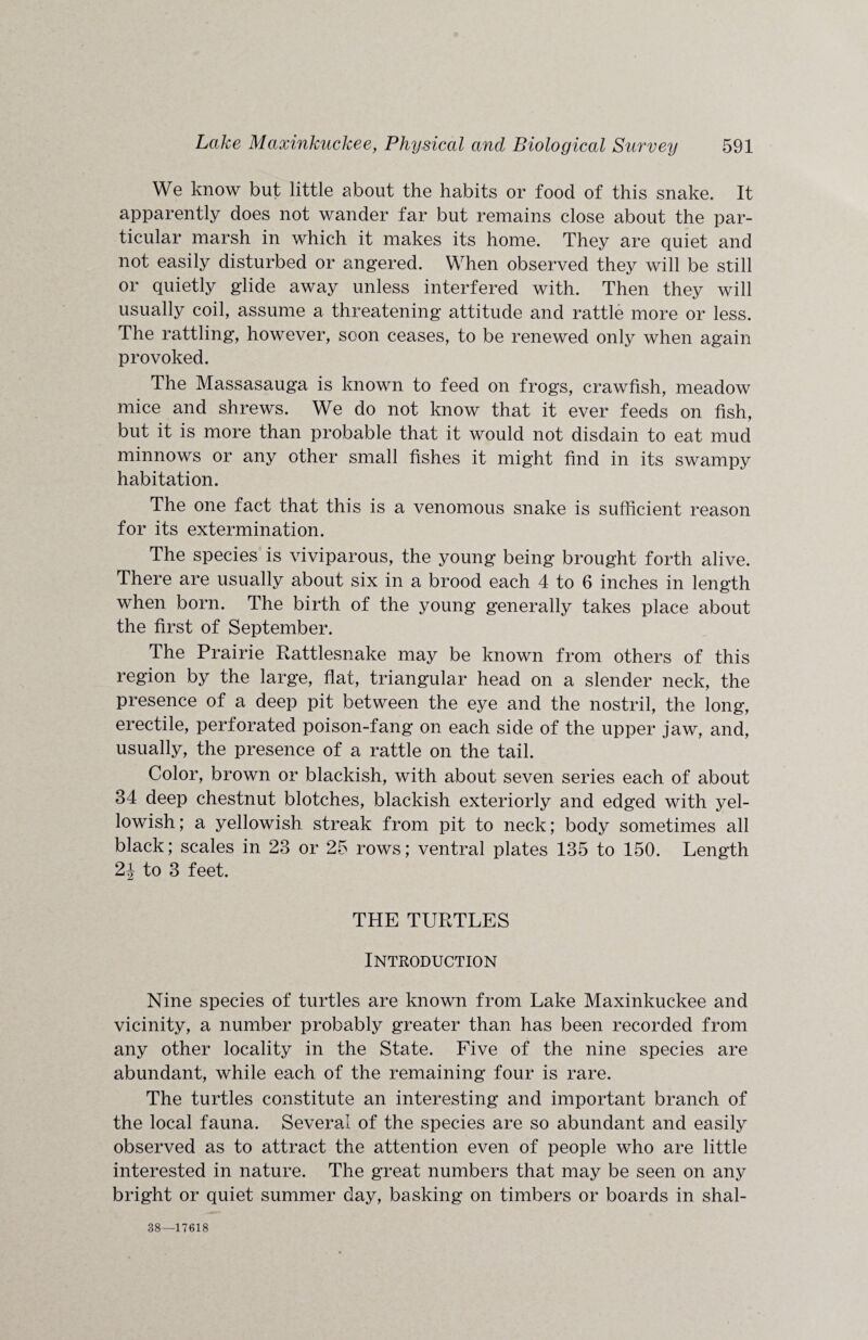We know but little about the habits or food of this snake. It apparently does not wander far but remains close about the par¬ ticular marsh in which it makes its home. They are quiet and not easily disturbed or angered. When observed they will be still or quietly glide away unless interfered with. Then they will usually coil, assume a threatening attitude and rattle more or less. The rattling, however, soon ceases, to be renewed only when again provoked. The Massasauga is known to feed on frogs, crawfish, meadow mice and shrews. We do not know that it ever feeds on fish, but it is more than probable that it would not disdain to eat mud minnows or any other small fishes it might find in its swampy habitation. The one fact that this is a venomous snake is sufficient reason for its extermination. The species is viviparous, the young being brought forth alive. There are usually about six in a brood each 4 to 6 inches in length when born. The birth of the young generally takes place about the first of September. The Prairie Rattlesnake may be known from others of this region by the large, flat, triangular head on a slender neck, the presence of a deep pit between the eye and the nostril, the long, erectile, perforated poison-fang on each side of the upper jaw, and, usually, the presence of a rattle on the tail. Color, brown or blackish, with about seven series each of about 34 deep chestnut blotches, blackish exteriorly and edged with yel¬ lowish; a yellowish streak from pit to neck; body sometimes all black; scales in 23 or 25 rows; ventral plates 135 to 150. Length 2^ to 3 feet. THE TURTLES Introduction Nine species of turtles are known from Lake Maxinkuckee and vicinity, a number probably greater than has been recorded from any other locality in the State. Five of the nine species are abundant, while each of the remaining four is rare. The turtles constitute an interesting and important branch of the local fauna. Several of the species are so abundant and easily observed as to attract the attention even of people who are little interested in nature. The great numbers that may be seen on any bright or quiet summer day, basking on timbers or boards in shal- 38—17618