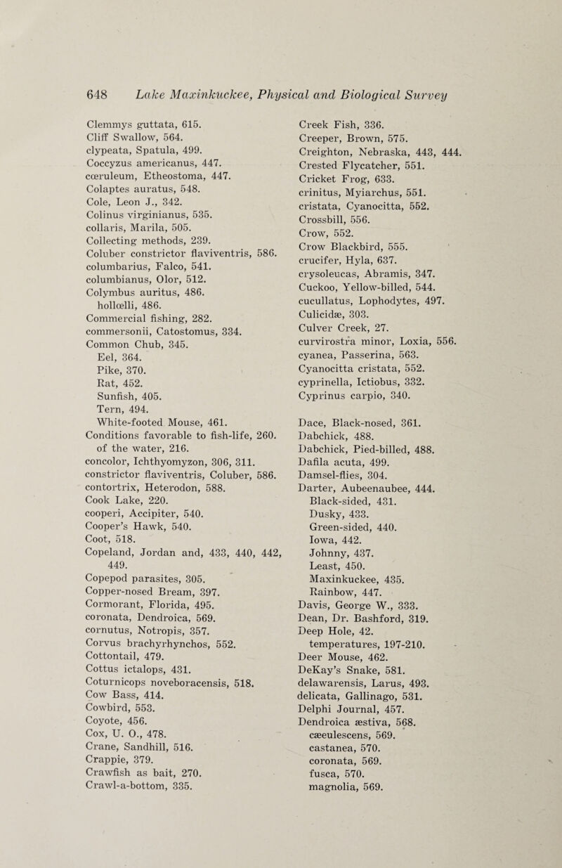 Clemmys guttata, 615. Cliff Swallow, 564. clypeata, Spatula, 499. Coccyzus americanus, 447. cceruleum, Etheostoma, 447. Colaptes auratus, 548. Cole, Leon J., 342. Colinus virginianus, 535. collaris, Marila, 505. Collecting methods, 239. Coluber constrictor flaviventris, 586. columbarius, Falco, 541. columbianus, Olor, 512. Colymbus auritus, 486. hollcelli, 486. Commercial fishing, 282. commersonii, Catostomus, 334. Common Chub, 345. Eel, 364. Pike, 370. Rat, 452. Sunfish, 405. Tern, 494. White-footed Mouse, 461. Conditions favorable to fish-life, 260. of the water, 216. concolor, Ichthyomyzon, 306, 311. constrictor flaviventris, Coluber, 586. contortrix, Heterodon, 588. Cook Lake, 220. cooperi, Accipiter, 540. Cooper’s Hawk, 540. Coot, 518. Copeland, Jordan and, 433, 440, 442, 449. Copepod parasites, 305. Copper-nosed Bream, 397. Cormorant, Florida, 495. coronata, Dendroica, 569. cornutus, Notropis, 357. Corvus brachyrhynchos, 552. Cottontail, 479. Cottus ictalops, 431. Coturnicops noveboracensis, 518. Cow Bass, 414. Cowbird, 553. Coyote, 456. Cox, U. O., 478. Crane, Sandhill, 516. Crappie, 379. Crawfish as bait, 270. Crawl-a-bottom, 335. Creek Fish, 336. Creeper, Brown, 575. Creighton, Nebraska, 443, 444. Crested Flycatcher, 551. Cricket Frog, 633. crinitus, Myiarchus, 551. cristata, Cyanocitta, 552. Crossbill, 556. Crow, 552. Crow Blackbird, 555. crucifer, Hyla, 637. crysoleucas, Abramis, 347. Cuckoo, Yellow-billed, 544. cucullatus, Lophodytes, 497. Culicidae, 303. Culver Creek, 27. curvirostfa minor, Loxia, 556. cyanea, Passerina, 563. Cyanocitta cristata, 552. cyprinella, Ictiobus, 332. Cyprinus carpio, 340. Dace, Black-nosed, 361. Dabchick, 488. Dabchick, Pied-billed, 488. Dafila acuta, 499. Damsel-flies, 304. Darter, Aubeenaubee, 444. Black-sided, 431. Dusky, 433. Green-sided, 440. Iowa, 442. Johnny, 437. Least, 450. Maxinkuckee, 435. Rainbow, 447. Davis, George W., 333. Dean, Dr. Bashford, 319. Deep Hole, 42. temperatures, 197-210. Deer Mouse, 462. DeKay’s Snake, 581. delawarensis, Larus, 493. delicata, Gallinago, 531. Delphi Journal, 457. Dendroica aestiva, 568. caeeulescens, 569. castanea, 570. coronata, 569. fusca, 570. magnolia, 569.