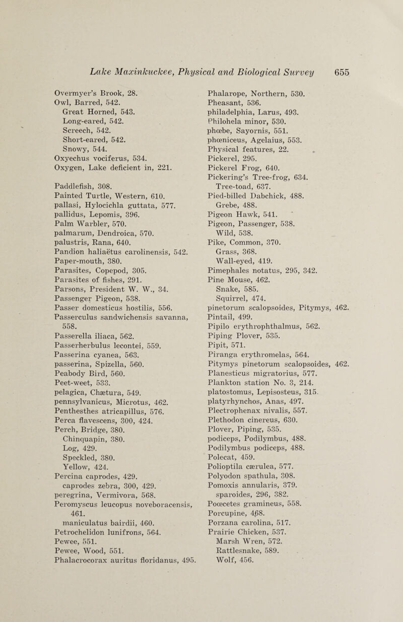 Overmyer’s Brook, 28. Owl, Barred, 542. Great Horned, 543. Long-eared, 542. Screech, 542. Short-eared, 542. Snowy, 544. Oxyechus vociferus, 534. Oxygen, Lake deficient in, 221. Paddlefish, 308. Painted Turtle, Western, 610. pallasi, Hylocichla guttata, 577. pallidus, Lepomis, 396. Palm Warbler, 570. palmarum, Dendroica, 570. palustris, Rana, 640. Pandion haliaetus carolinensis, 542. Paper-mouth, 380. Parasites, Copepod, 305. Parasites of fishes, 291. Parsons, President W. W., 34. Passenger Pigeon, 538. Passer domesticus hostilis, 556. Passerculus sandwichensis savanna, 558. Passerella iliaca, 562. Passerherbulus lecontei, 559. Passerina cyanea, 563. passerina, Spizella, 560. Peabody Bird, 560. Peet-weet, 533. pelagica, Chsetura, 549. pennsylvanicus, Microtus, 462. Penthesthes atricapillus, 576. Perea flavescens, 300, 424. Perch, Bridge, 380. Chinquapin, 380. Log, 429. Speckled, 380. Yellow, 424. Percina caprodes, 429. caprodes zebra, 300, 429. peregrina, Vermivora, 568. Peromyscus leucopus noveboracensis, 461. maniculatus bairdii, 460. Petrochelidon lunifrons, 564. Pewee, 551. Pewee, Wood, 551. Phalacrocorax auritus floridanus, 495. Phalarope, Northern, 530. Pheasant, 536. Philadelphia, Larus, 493. Philohela minor, 530. pheebe, Sayornis, 551. phceniceus, Agelaius, 553. Physical features, 22. Pickerel, 295. Pickerel Frog, 640. Pickering’s Tree-frog, 634. Tree-toad, 637. Pied-billed Dabchick, 488. Grebe, 488. Pigeon Hawk, 541. Pigeon, Passenger, 538. Wild, 538. Pike, Common, 370. Grass, 368. Wall-eyed, 419. Pimephales notatus, 295, 342. Pine Mouse, 462. Snake, 585. Squirrel, 474. pinetorum scalopsoides, Pitymys, 462. Pintail, 499. Pipilo erythrophthalmus, 562. Piping Plover, 535. Pipit, 571. Piranga erythromelas, 564. Pitymys pinetorum scalopsoides, 462. Planesticus migratorius, 577. Plankton station No. 3, 214. platostomus, Lepisosteus, 315. platyrhynchos, Anas, 497. Plectrophenax nivalis, 557. Plethodon cinereus, 630. Plover, Piping, 535. podiceps, Podilymbus, 488. Podilymbus podiceps, 488. Polecat, 459. Polioptila cserulea, 577. Polyodon spathula, 308. Pomoxis annularis, 379. sparoides, 296, 382. Pocecetes gramineus, 558. Porcupine, 4,68. Porzana Carolina, 517. Prairie Chicken, 537. Marsh Wren, 572. Rattlesnake, 589. Wolf, 456.