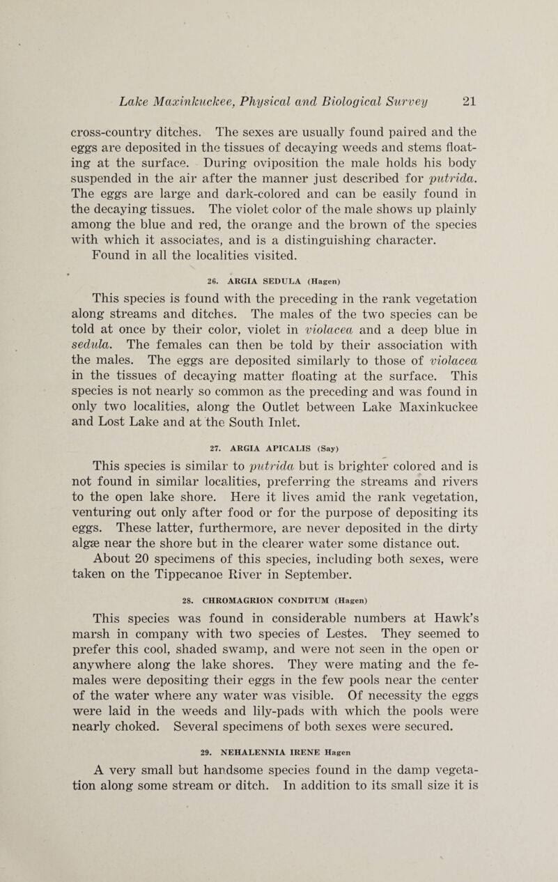 cross-country ditches. The sexes are usually found paired and the eggs are deposited in the tissues of decaying weeds and stems float¬ ing at the surface. During oviposition the male holds his body suspended in the air after the manner just described for putrida. The eggs are large and dark-colored and can be easily found in the decaying tissues. The violet color of the male shows up plainly among the blue and red, the orange and the brown of the species with which it associates, and is a distinguishing character. Found in all the localities visited. 26. ARGIA SEDULA (Hagen) This species is found with the preceding in the rank vegetation along streams and ditches. The males of the two species can be told at once by their color, violet in violacea and a deep blue in sedula. The females can then be told by their association with the males. The eggs are deposited similarly to those of violacea in the tissues of decaying matter floating at the surface. This species is not nearly so common as the preceding and was found in only two localities, along the Outlet between Lake Maxinkuckee and Lost Lake and at the South Inlet. 27. ARGIA APICALIS (Say) This species is similar to putrida but is brighter colored and is not found in similar localities, preferring the streams and rivers to the open lake shore. Here it lives amid the rank vegetation, venturing out only after food or for the purpose of depositing its eggs. These latter, furthermore, are never deposited in the dirty algae near the shore but in the clearer water some distance out. About 20 specimens of this species, including both sexes, were taken on the Tippecanoe River in September. 28. CHROMAGRION CONDITUM (Hagen) This species was found in considerable numbers at Hawk’s marsh in company with two species of Lestes. They seemed to prefer this cool, shaded swamp, and were not seen in the open or anywhere along the lake shores. They were mating and the fe¬ males were depositing their eggs in the few pools near the center of the water where any water was visible. Of necessity the eggs were laid in the weeds and lily-pads with which the pools were nearly choked. Several specimens of both sexes were secured. 29. NEHALENNIA IRENE Hagen A very small but handsome species found in the damp vegeta¬ tion along some stream or ditch. In addition to its small size it is