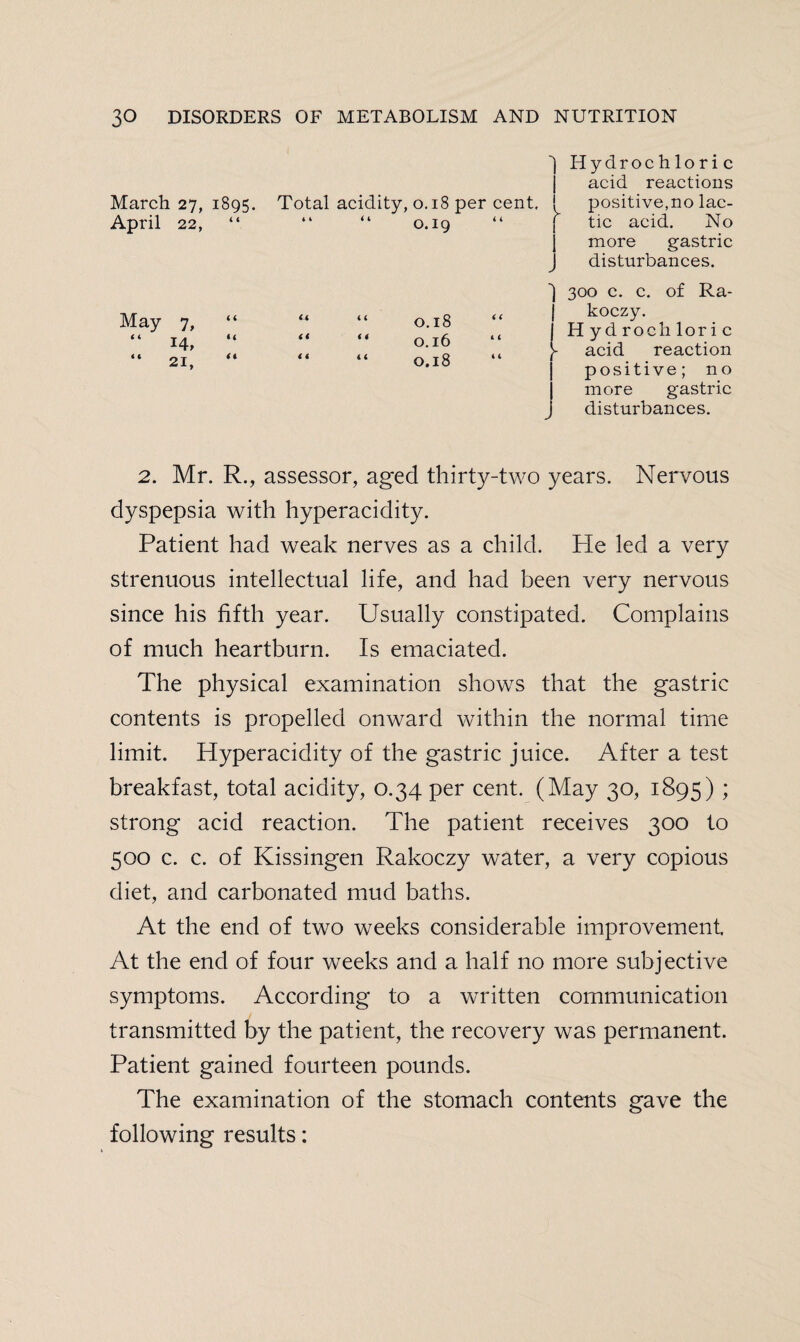 March 27, 1895. April 22, “ May ( i 4 4 7, 14, 21, i t a a Total acidity, 0.18 per cent. H a O.I9 Hydrochloric acid reactions positive,no lac¬ tic acid. No more gastric disturbances. u i ( O.18 ( ( it i 4 0.16 i t i i t t 0.18 i 4 300 c. c. of Ra- koczy. Hydrochloric acid reaction positive; no more gastric disturbances. 2. Mr. R., assessor, aged thirty-two years. Nervous dyspepsia with hyperacidity. Patient had weak nerves as a child. He led a very strenuous intellectual life, and had been very nervous since his fifth year. Usually constipated. Complains of much heartburn. Is emaciated. The physical examination shows that the gastric contents is propelled onward within the normal time limit. Hyperacidity of the gastric juice. After a test breakfast, total acidity, 0.34 per cent. (May 30, 1895) ; strong acid reaction. The patient receives 300 to 500 c. c. of Kissingen Rakoczy water, a very copious diet, and carbonated mud baths. At the end of two weeks considerable improvement At the end of four weeks and a half no more subjective symptoms. According to a written communication transmitted by the patient, the recovery was permanent. Patient gained fourteen pounds. The examination of the stomach contents gave the following results: