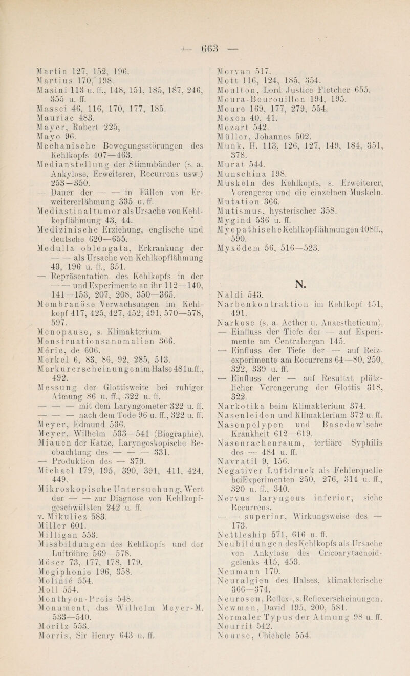 J_ (363 Martin 127, 152, 196. Martius 170, 198. Masini 113 u. ff., 148, 151, 185, 1Ö7, 246, 355 u. ff. Massei 46, 116, 170, 177, 185. Mauriac 483. Mayer, Robert 225, Mayo 96. Mechanische Bewegungsstörungen des Kehlkopfs 407—463. Medianstellung der Stimmbänder (s. a. Ankylose, Erweiterer, Recurrens usw.) 253-350. — Dauer der — — in Fällen von Er¬ weitererlähmung 335 u. ff. M ediastinaltumorals Ursache von Kehl¬ kopflähmung 43, 44. Medizinische Erziehung, englische und deutsche 620—655. Medulia oblongata, Erkrankung der -als Ursache von Kehlkopflähmung 43, 196 u. ff., 351. — Repräsentation des Kehlkopfs in der —-— undExperimente an ihr 112—140, 141-153, 207, 208, 350—365. Membranöse Verwachsungen im Kehl¬ kopf 417, 425, 427, 452, 491, 570—578, 597. Menopause, s. Klimakterium. Menstruationsanomalien 366. Meric, de 606. Merkel 6, 83, 86, 92, 285, 513. Merkurerscheinungen im Halse 481 u.ff., 492. Messung der Glottisweite bei ruhiger Atmung 86 u. ff., 322 u. ff. — — — mit dem Laryngometer 322 u. ff. — — — nach dem Tode 96 u. ff., 322 u. ff. Meyer, Edmund 536. Meyer, Wilhelm 533—541 (Biographie). Miauen der Katze, Laryngoskopische Be¬ obachtung des — — — 331. — Produktion des — 379. Michael 179, 195, 390, 391, 411, 424, 449. MikroskopischeUntersuchung, Wert der — — zur Diagnose von Kehlkopf¬ geschwülsten 242 u. ff. v. Mikulicz 583. Miller 601. Mi 11 igan 553. Missbildungen des Kehlkopfs und der Luftröhre 569—578. Möser 73, 177, 178, 179. Mogiphonie 196, 358. Molinie 554. Moll 554. Monthyon-Preis 548. Monument, das Wilhelm Meyer-M. 533—540. Moritz 553. Morris, Sir Henry 643 u. ff. Morvan 517. Mott 116, 124, 185, 354. Mo ulton, Lord Justicc Fletcher 655. Moura-Bouro uillon 194, 195. Moure 169, 177, 279, 554. Moxon 40, 41. Mozart 542. Müller, Johannes 502. Munk, H. 113, 126, 127. 149, 184, 351, 378. Murat 544. M uns china 198. Muskeln des Kehlkopfs, s. Erweiterer, Verengerer und die einzelnen Muskeln. Mutation 366. Mutismus, hysterischer 358. Mygind 536 u. ff. Myopathische Kehlkopflähmungen 40811'., ‘ 590. Myxödem 56, 516—523. N. Naldi 543. Narbenkontraktion im Kehlkopf 451, 491. Narkose (s. a. Aether u. Anaestheticum). — Einfluss der Tiefe der — auf Experi¬ mente am Centralorgan 145. — Einfluss der Tiefe der — auf Reiz¬ exporimente am Recurrens 64—80, 250, 322, 339 u. ff. — Einfluss der — auf Resultat plötz¬ licher Verengerung der Glottis 318, 322. Narkotika beim Klimakterium 374. Nasenleiden und Klimakterium 372 u. ff. Nasen polypen und Basedow’sehe Krankheit 612—619. Nasenrachenraum, tertiäre Syphilis des — 484 u. ff. Navratil 9, 156. Negativer Luftdruck als Fehlerquelle bei Experimenten 250, 276, 314 u. ff., 320 u. ff., 340. Nervus laryngeus inferior, siehe Recurrens. — — supcrior, Wirkungsweise des — 173. Nettleship 571, 616 u. ff. Neubildungen desKehlkopfs als Ursache von Ankylose des Cricoarytaenoid- gelenks 415, 453. Neumann 170. Neuralgien des Halses, klimakterische 366—374. Neurosen, Reflex-, s.Reflexerscheinungen. Newman, David 195, 200, 581. Normaler Typus der A tm ung 98 u. ff. Nourrit 542. Nourse, Chichele 554.