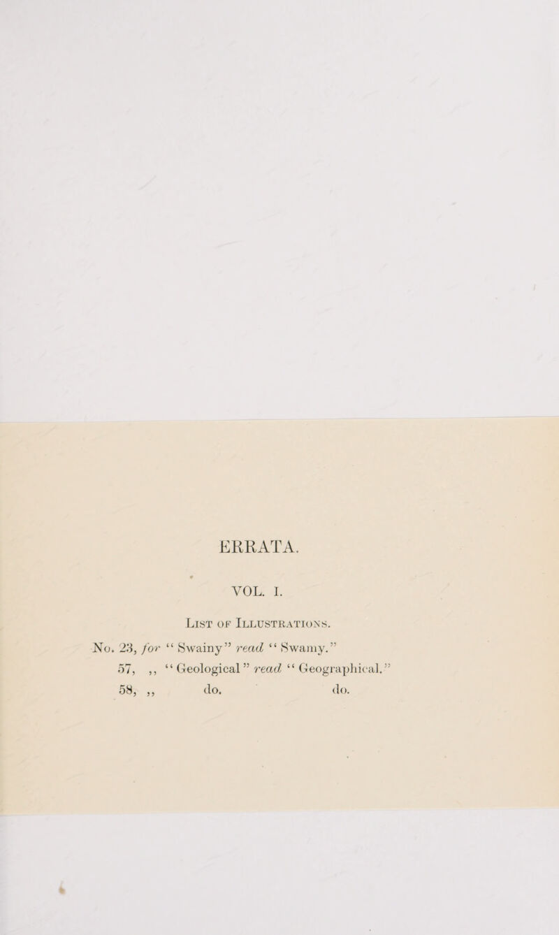 ERRATA. VOL. I. List of Illustrations. No. 23, for “ Swainy” read “ Swamy.” 57, ,, “ Geological ” read, “ Geographical. 58, ,, do. do.