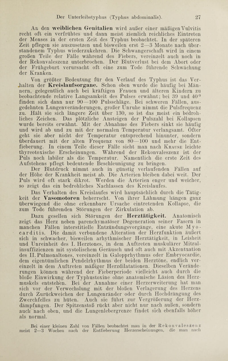 An den weiblichen Genitalien wird außer einer mäßigen Vulvitis recht oft ein verfrühtes und dann meist ziemlich reichliches Eintreten der Menses in der ersten Zeit des Typhus beobachtet. In der späteren Zeit pflegen sie auszusetzen und bisweilen erst 2—3 Monate nach über¬ standenem Typhus wiederzukehren. Die Schwangerschaft wird in einem großen Teile der Fälle während des Fiebers, vereinzelt auch noch in der Rekonvaleszenz unterbrochen. Der Blutverlust bei dem Abort oder der Frühgeburt verursacht oft eine zum Tode führende Schwächung der Kranken. Von größter Bedeutung für den Verlauf des Typhus ist das Ver¬ halten der Kreislaufsorgane. Schon oben wurde die häufig bei Män¬ nern, gelegentlich auch bei kräftigen Frauen und älteren Kindern zu beobachtende relative Langsamkeit des Pulses erwähnt; bei 39 und 40° finden sich dann nur 90—100 Pulsschläge. Bei schweren Fällen, aus¬ gedehnten Lungenveränderungen, großer Unruhe nimmt die Pulsfrequenz zu. Hält sie sich längere Zeit über 130, so ist das meist ein bedroh¬ liches Zeichen. Das plötzliche Ansteigen der Pulszahl bei Kollapsen wurde bereits erwähnt. Mit der Abnahme des Fiebers sinkt sie häufig und wird ab und zu mit der normalen Temperatur verlangsamt. Öfter geht sie aber nicht der Temperatur entsprechend hinunter, sondern überdauert mit der alten Frequenz von 80—100 und mehr die Ent¬ fieberung. In einem Teile dieser Fälle sieht man nach Krause leichte thyreotoxische Erscheinungen. Während der Rekonvaleszenz ist der Puls noch labiler als die Temperatur. Namentlich die erste Zeit des Aufstehens pflegt bedeutende Beschleunigung zu bringen. Der Blutdruck nimmt auch in günstig verlaufenden Fällen auf der Höhe der Krankheit meist ab. Die Arterien bleiben dabei weit. Der Puls wird oft stark dikrot. Werden die Arterien enger und weicher, so zeigt das ein bedrohliches Nachlassen des Kreislaufes. Das Verhalten des Kreislaufes wird hauptsächlich durch die Tätig¬ keit der Vasomotoren beherrscht. Von ihrer Lähmung hängen ganz überwiegend die ohne erkennbare Ursache eintretenden Kollapse, die zum Tode führenden Störungen der Zirkulation ab. Dazu gesellen sich Störungen der Herztätigkeit. Anatomisch zeigt das Herz neben parenchymatöser Degeneration seiner Fasern in manchen Fällen interstitielle Entzündungsvorgänge, eine akute M y o - carditis. Die damit verbundene Alteration der Herzfunktion äußert sich in schwacher, bisweilen arhythmischer Herztätigkeit, in Leisheit und Unreinheit des I. Herztones, in dem Auftreten muskulärer Mitral¬ insuffizienzen mit systolischem Geräusch und oft auch mit Akzentuation des II. Pulmonaltones, vereinzelt in Galopprhythmus oder Embryocardie, dem eigentümlichen Pendelrhythmus der beiden Herztöne, endlich ver¬ einzelt in dem Auftreten mäßiger Herzdilatationen. Dieselben Verände¬ rungen können während der Fieberperiode vielleicht auch durch die bloße Einwirkung der Typhustoxine ohne anatomische Läsion des Herz¬ muskels entstehen. Bei der Annahme einer Herzerweiterung hat man sich vor der Verwechslung mit der bloßen Verlagerung des Herzens durch Zurückweichen der Lung'enränder oder durch Hochdrängung des Zwerchfelles zu hüten. Auch sie führt zur Vergrößerung der Herz¬ dämpfungen. Der Spitzenstoß rückt aber nicht nur nach außen, sondern auch nach oben, und die Lungenlebergrenze findet sich ebenfalls höher als normal. Bei einer kleinen Zahl von Fällen beobachtet man in der Rekonvaleszenz meist 2—3 Wochen nach der Entfieberung Herzerscheinungen, die man nach