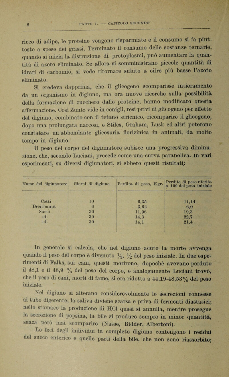 ricco di adipe, le proteine vengono risparmiate e il consumo si fa piut¬ tosto a spese dei grassi. Terminato il consumo delle sostanze ternarie, quando si inizia la distruzione di protoplasmi, può aumentare la quan¬ tità di azoto eliminato. Se allora si somministrano piccole quantità di idrati di carbomio, si vede ritornare subito a cifre più basse l’azoto eliminato. Si credeva dapprima, che il glicogeno scomparisse intieramente da un organismo in digiuno, ma ora nuove ricerche sulla possibilità della formazione di zucchero dalle proteine, hanno modificato questa affermazione. Così Zuntz vide in conigli, resi privi di glicogeno per effetto del digiuno, combinato con il tetano stricnico, ricomparire il glicogeno, dopo una prolungata narcosi, e Stiles, Graham, Lusk ed altri poterono constatare un’abbondante glicosuria fìorizinica in animali, da molto tempo in digiuno. Il peso del corpo del digiunatore subisce una jirogressiva diminu¬ zione, che, secondo Luciani, procede come una curva parabolica, in vari esperimenti, su diversi digiunatoli, si ebbero questi risultati: Nome del digiunatore i Giorni di digiuno Perdita di peso, Kgr. Perdita di peso riferita a 100 del peso iniziale Cetti 10 - 6,35 11,14 Breithaupt 6 3,62 6,0 Succi 30 11,96 19,3 id. 30 14,3 22,7 id. 30 14,1 ■ 21.4 In generale si calcola, che nel digiuno acuto la morte avvenga quando il peso del corpo è divenuto %, % del peso iniziale. In due espe¬ rimenti di Falks, sui cani, questi morirono, dopoché avevano perduto il 48,1 e il 48,9 % del peso del corpo, e analogamente Luciani trovò, che il peso di cani, morti di fame, si era ridotto a 44,19-48,53% dei peso iniziale. JSlel digiuno si alterano considerevolmente le secrezioni connesse al tubo digerente; la saliva diviene scarsa e priva di fermenti diastasici; nello stomaco la produzione di HC1 quasi si annulla, mentre prosegue la secrezione di pepsina, la bile si produce sempre in minor quantità, senza però mai scomparire (Nasse, Bidder, Albertoni). Le feci degli individui in completo digiuno contengono i residui del succo enterico e quelle parti della bile, che non sono riassorbite;