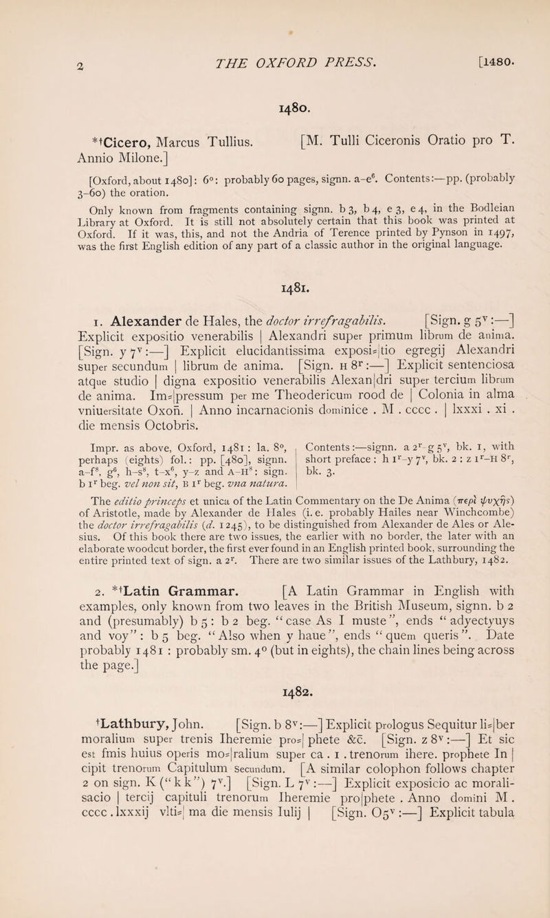 1480. *tCicero, Marcus Tullius. [M. Tulli Ciceronis Oratio pro T. Annio Milone.] [Oxford, about 1480]: 6°: probably 60 pages, signn. a-e®. Contents:—pp. (probably 3-60) the oration. Only known from fragments containing signn. b 3, b4, 03, 04, in the Bodleian Library at Oxford. It is still not absolutely certain that this book was printed at Oxford. If it was, this, and not the Andria of Terence printed by Pynson in 1497, was the first English edition of any part of a classic author in the original language. 1481. I. Alexander de Hales, the doctor irrefragabilis. [Sign, g 5^^:—] Explicit expositio venerabilis | Alexandri super primum librum de anima. [Sign, y H •—] Explicit elucidantissima exposis|tio egregij Alexandri super secundum 1 librum de anima. [Sign, h :—] Explicit sentenciosa atque studio | digna expositio venerabilis Alexan|dri super tercium librum de anima. Ims|pressum per me Theodericum rood de | Colonia in alma vniuersitate Oxoh. | Anno inearnacionis dominice . M . ccec . | Ixxxi . xi . die mensis Octobris. Impr. as above, Oxford, 1481 : la. 8°, perhaps (eights) fob: pp. [480], signn. a-f®, g®, h-s^, t-x®, y-z and A-hL sign, b beg. vel non sit, B beg. vna natura. Contents:—signn. a2^’-g5b bk. i, with short preface : h i^'-y 7b bk. 2 : z i^'-H 8'’, bk. 3. The editio princeps et unica of the Latin Commentary on the De Anima pvxvs) of Aristotle, made by Alexander de Hales (i. e. probably Hailes near Winchcombe) the doctor irrefragabilis {d. 1245), to be distinguished from Alexander de Ales or Ale- sius. Of this book there are two issues, the earlier with no border, the later with an elaborate woodcut border, the first ever found in an English printed book, surrounding the entire printed text of sign, a 2b There are two similar issues of the Lathbury, 1482. 2. *iLatin Grammar. [A Latin Grammar in English with examples, only known from two leaves in the British Museum, signn. b 2 and (presumably) b5: ba beg. ‘‘case As I muste”, ends “ adyectyuys and voy” : b5 beg. “Also when y haue’’, ends “ quem queris Date probably 1481 : probably sm. 40 (but in eights), the chain lines being across the page.] 1482. tLathbury, John. [Sign, b 8^;—] Explicit prologus Sequitur lis|ber moralium super trenis Iheremie pros] phete &c. [Sign, z 8^:—] Et sic est fmis huius operis mo=|ralium super ca . i .trenorum ihere. prophete In | cipit trenorum Capitulum secundum. [A similar colophon follows chapter 2 on sign. K (“kk’’) 7^.] [Sign. L H •—] Explicit exposicio ac morali- sacio I tercij capituli trenorum Iheremie projphete . Anno domini M . cccc.lxxxij vltb] ma die mensis lulij | [Sign. 05’^:—] Explicit tabula