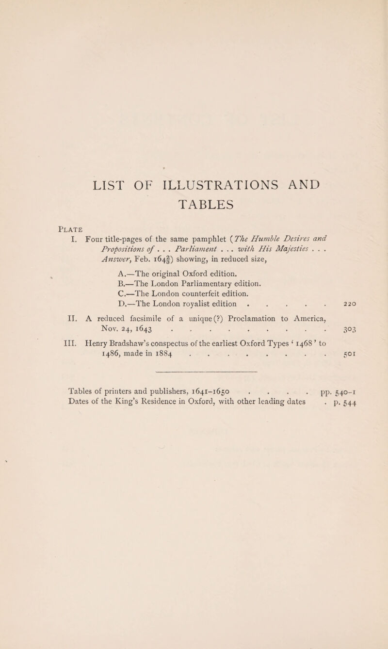 LIST OF ILLUSTRATIONS AND TABLES Plate I. II. III. Four title-pages of the same pamphlet ( The Humble Desires and Propositions of . Parliament . . . with His Majesties . . . Answer, Feb. 164D showing, in reduced size, A. —The original Oxford edition. B. —The London Parliamentary edition. C. —The London counterfeit edition. D. —The London royalist edition ..... A reduced facsimile of a unique (?) Proclamation to America, Nov. 24, 1643 . . Henry Bradshaw’s conspectus of the earliest Oxford Types 1 1468 ’ to i486, made in 1884 ........ 220 303 501 Tables of printers and publishers, 1641-1650 Dates of the King’s Residence in Oxford, with other leading dates pp. 540-1 • P- 544