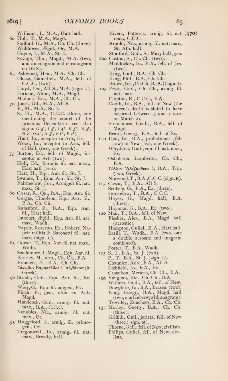 Williams, I., M.A., Hart hall. 60 Holt, T., M.A., Magd. Stafford, G., M.A., Ch. Ch. (three). Widdowes, yEgid., Or., M.A. Hayne, I., M.A., St. J. Savage, Tho., Magd., M.A. (two, and an anagram and chronogram on 1618). 65 Ashwood, Hen., M.A., Ch. Ch. Chase, Gamaliel., M.A., fell, of C.C.C. (two). Lloyd, Da., All S.,M.A. (sign. g). Forman, Abra., M.A., Magd. Madock, Ric., M.A., Ch. Ch. 70 Jones, Gil., M.A., All S. P., M., M.A., St. J. S., H., M.A., C.C.C. (three, one mentioning the comet of the previous December : see also signn. g 3V, 1 3r, I 4V, k 3^ n 3r, O 2r, O 2V, O 3r, P Iv, P 2r). Hunt, Io., inceptor in Arts, Ex. Wood, Io., inceptor in Arts, fell, of Ball, (two, one Greek). 75 Burton, Ed., fell, of Magd., in¬ ceptor in Arts (two). Holt, Ed., Baronis fil. nat. max., Hart hall (two). Hart, H., Equ. Aur. fil., St. J. Swanne, T., Equ. Aur. fil., St. J. Fairmedow, Cor., Armigeri fil. nat. max., St. J. 80 Caesar, R., Qu., B.A., Equ. Aur. fil. Gorges, Timoleon, Equ. Aur. fil., B.A., Ch. Ch. Rainsford, F., B.A., Equ. x\ur. fil., Hart hall. Estcourt, Aigid., Equ. Aur. fil. nat. max., Wadh. Napeir, Rorertus, Ex., Roberti Na- peir militis & Baronetti fil. nat. max. (sign. H). 85 Gower, T., Equ. Aur. fil. nat. max., Wadh. Scudamore, I.,Magd., Equ. Aur. fil. Berkley, M., arm., Ch. Ch., B.A. Frauncis, JE., B.A., Ch. Ch. latccuPos BapcpeTASos 6 ’AAfiavios (in Greek). ■90 Strode, Guil., Equ. Aur. fil., Ex. (three). Wrey, G., Equ. fil. unigen., Ex. Finch, F., gen., olim ex Aula Magd. Handcock, Guil., armig. fil. nat. max., B.A., C.C.C. Venables, Nic., armig. fil. nat. max., Or. 95 Huggeford, I., armig. fil. primo- gen., Or. Tregonwell, Io., armig. fil. nat. max., Broadg. hall. Rivers, Potterus, armig. fil. nat. (47°) max., C.C.C. Arnold, Nic., armig. fil. nat. max., St. Alb. hall. Stratford, Guil., St. Mary hall, gen. 100 Coston, S., Ch. Ch. (two). Maddockes, Io., B.A., fell, of Jes. (two). King, Guil., B.A., Ch. Ch. King, Phil., B.A., Ch. Ch. Brown, Ios., Ch.Ch.,B.(A.) (sign. 1). 105 Pryse, Guil., Ch. Ch., armig. fil. nat. max. Clopton, R., C.C.C., B.A. Cooth, Io., B.A., fell, of New (the queen’s death is stated to have occurred between 3 and 4 a.m. on March 2). Stonehouse, Gualt., B.A., fell, of Magd. Beard, Georg., B.A., fell, of Ex. no Dod, Io., B.A., probationer (fel¬ low) of New (five, one Greek). Whyddon, Guil., equ. fil. nat. max., Ex. Osbolston, Lambertus, Ch. Ch., B.A. TcAAos ’ AAe£av5po$ o, B.A., Trin. (two, Greek). Norwood,T., B.A.,C.C.C. (sign. k). 115 Caesar, T., B.A., All S. Scobele, G., B.A., Ex. (three). Gorstelow, T., B.A,, C.C.C. Hayes, G., Magd. hall, B.A. (three). Hayman, G., B.A., Ex. (two). 120 Man, T., B.A., fell, of New. Fissher, Alex., B.A., Magd. hall (acrostic). Hampton, Guliel., B. A., Hart hall. Basill, T., Wadh., B.A. (two, one a double acrostic and anagram combined). Porter, T., B.A., Wadh. 125 S., I., B.A., St. J. (two). P., T., B.A., St. J. (sign. l). Chaunler, Rob., B.A., All S. Lichfield, Io., B.A., Ex. Casaubon, Mericus, Ch. Ch., B.A. 130 Vaughan, Ric., Ch. Ch., B.A. Withers, Guil., B.A., fell, of New. Dowghtie, Io., B.A., Brasen. (two). King, Peregr., B.A., Magd. hall (two, one Hebrew,with anagram). Townley, Zoucheus, B.A., Ch. Ch. 135 Morley, Georg., B.A., Ch. Ch. (three). Griffith, Guil., jurista, fell, of New (three : sign. m). Thorne, Guil., fell, of New, civilista. Philips, Guliel., fell, of New, civi¬ lista.