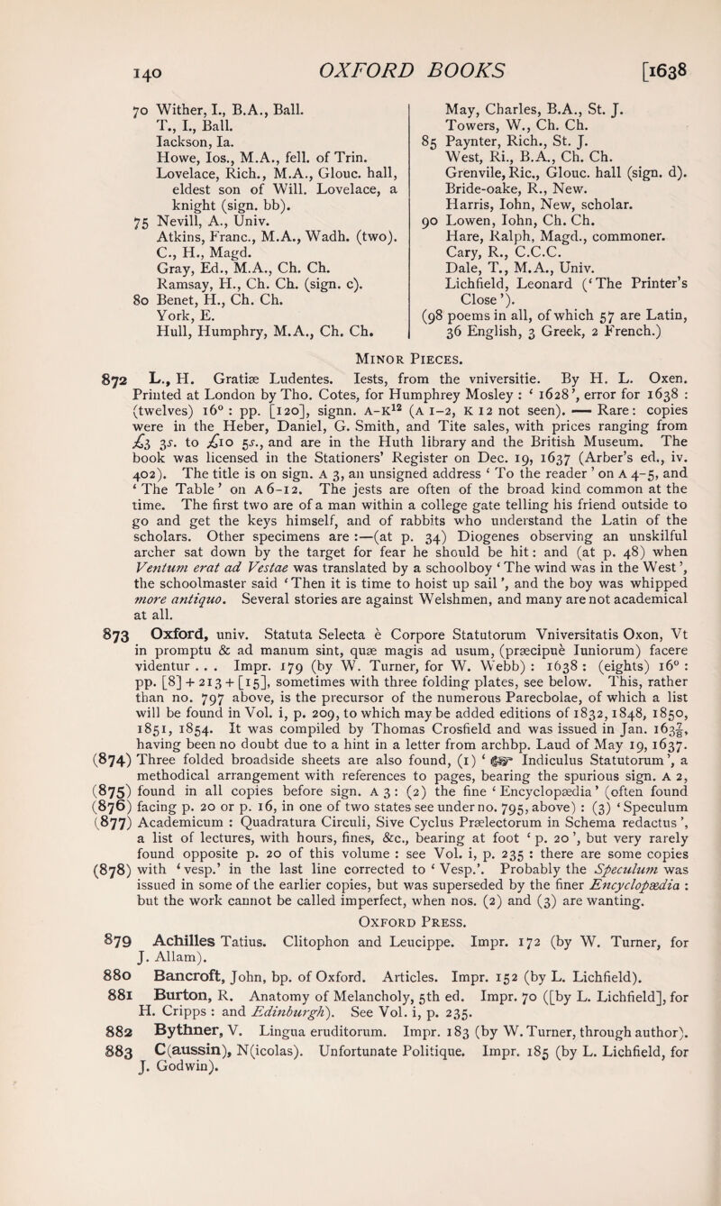 70 Wither, I., B.A., Ball. T., I., Ball. Iackson,la. Howe, Ios., M.A., fell, of Trin. Lovelace, Rich., M.A., Glouc. hall, eldest son of Will. Lovelace, a knight (sign. bb). 75 Nevill, A., Univ. Atkins, Franc., M.A., Wadh. (two). C., H., Magd. Gray, Ed., M.A., Ch. Ch. Ramsay, H., Ch. Ch. (sign. c). 80 Benet, H., Ch. Ch. York, E. Hull, Humphry, M.A., Ch. Ch. May, Charles, B.A., St. J. Towers, W., Ch. Ch. 85 Paynter, Rich., St. J. West, Ri., B.A., Ch. Ch. Grenvile, Ric., Glouc. hall (sign. d). Bride-oake, R., New. Harris, Iohn, New, scholar. 90 Lowen, Iohn, Ch. Ch. Hare, Ralph, Magd., commoner. Cary, R., C.C.C. Dale, T., M.A., Univ. Lichfield, Leonard (‘The Printer’s Close ’). (98 poems in all, of which 57 are Latin, 36 English, 3 Greek, 2 French.) Minor Pieces. 872 L., FI. Gratise Ludentes. Iests, from the vniversitie. By H. L. Oxen. Printed at London by Tho. Cotes, for Humphrey Mosley : ‘ 1628’, error for 1638 : (twelves) 160 : pp. [120], signn. a-k12 (a 1-2, K 12 not seen). — Rare: copies were in the Heber, Daniel, G. Smith, and Tite sales, with prices ranging from 3-5\ to £10 5-y., and are in the Huth library and the British Museum. The book was licensed in the Stationers’ Register on Dec. 19, 1637 (Arber’s ed., iv. 402). The title is on sign, a 3, an unsigned address ‘ To the reader ’ on A 4-5, and ‘ The Table’ on A6-12. The jests are often of the broad kind common at the time. The first two are of a man within a college gate telling his friend outside to go and get the keys himself, and of rabbits who understand the Latin of the scholars. Other specimens are :—(at p. 34) Diogenes observing an unskilful archer sat down by the target for fear he should be hit: and (at p. 48) when Ventum erat ad Vestae was translated by a schoolboy ‘ The wind was in the West ’, the schoolmaster said ‘Then it is time to hoist up sail ’, and the boy was whipped more antiquo. Several stories are against Welshmen, and many are not academical at all. 873 Oxford, univ. Statuta Selecta e Corpore Statutorum Vniversitatis Oxon, Vt in promptu & ad manum sint, quse magis ad usum, (prsecipue Iuniorum) facere videntur . . . Impr. 179 (by W. Turner, for W. Webb) : 1638 : (eights) 160 : pp. [8] + 213 + [15], sometimes with three folding plates, see below. This, rather than no. 797 above, is the precursor of the numerous Parecbolae, of which a list will be found in Vol. i, p. 209, to which maybe added editions 011832,1848, 1850, 1851, 1854. It was compiled by Thomas Crosfield and was issued in Jan. 163^, having been no doubt due to a hint in a letter from archbp. Laud of May 19, 1637. (874) Three folded broadside sheets are also found, (1) ‘ Indiculus Statutorum’, a methodical arrangement with references to pages, bearing the spurious sign, a 2, (875) found in all copies before sign. A3: (2) the fine ‘Encyclopaedia’ (often found (876) facing p. 20 or p. 16, in one of two states see under no. 795, above) : (3) ‘Speculum (877) Academicum : Quadratura Circuli, Sive Cyclus Praelectorum in Schema redactus a list of lectures, with hours, fines, &c., bearing at foot ‘ p. 20 ’, but very rarely found opposite p. 20 of this volume : see Vol. i, p. 235 : there are some copies (878) with ‘vesp.’ in the last line corrected to ‘ Vesp.’. Probably the Speculum was issued in some of the earlier copies, but was superseded by the finer Encyclopaedia : but the work cannot be called imperfect, when nos. (2) and (3) are wanting. Oxford Press. 879 Achilles Tatius. Clitophon and Leucippe. Impr. 172 (by W. Turner, for J. Allam). 880 Bancroft, John, bp. of Oxford. Articles. Impr. 152 (by L. Lichfield). 881 Burton, R. Anatomy of Melancholy, 5th ed. Impr. 70 ([by L. Lichfield], for H. Cripps : and Edinburgh). See Vol. i, p. 235. 882 Bythner, V. Lingua eruditorum. Impr. 183 (by W. Turner, through author). 883 C(aussin), N(icolas). Unfortunate Politique. Impr. 185 (by L. Lichfield, for J. Godwin).