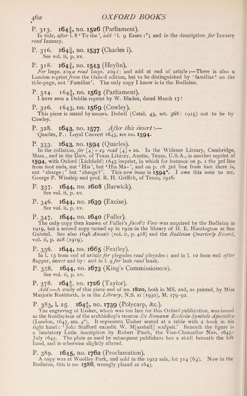 ► P. 313. 164!, no- x52^ (Parliament). In title, after 1. 8 ‘ To the ’, add 11. 9 Essex :1; and in the description for Ianuary read Iannary. P. 316. 164!, no- *537 (Charles i). See vol. ii, p. xv. P. 318. 164I, no. 1543 (Heylin). For Impr. 209 a read Impr. 209 i: and add at end of article:—There is also a London reprint from the Oxford edition, but to be distinguished by ‘ familiar ’ on the title-page, not ‘ Familiar’. The only copy I know is in the Bodleian. P. 324. 164J, no. 1563 (Parliament). I have seen a Dublin reprint by W. Bladen, dated March 17 ! P. 326. 1643, no* J5^9 (Cowley). This piece is stated by messrs. Dobell (Catal. 43, art. 368: 1925) not to be by Cowley. P. 328. 1643, no. 1577. After this insert'.— Quarles, F.: Loyal Convert 1643, see no. 1594. P. 333. 1643, no. 1594 (Quarles). In the collation, for [4] + 29 read [4] + 20. In the Widener Library, Cambridge, Mass., and in the Univ. of Texas Library, Austin, Texas, U.S. A., is another reprint of 1594, with Oxford (Lichfield) 1643 imprint, in which for instance on p. 2 the 3rd line from foot ends, not ‘ His’, but ‘His Ma-’, and on p. 16 3rd line from foot there is, not ‘charge;’ but ‘charge?’. This new issue is 1594*. I owe this note to mr. George P. Winship and prof. R. H. Griffith, of Texas, 1926. P- 337- 1644, no. 1608 (Barwick). See vol. ii, p. xv. P. 346. 1644, no. 1639 (Excise). See vol. ii, p. xv. P. 347. 1644, no. 1640 (Fuller). The only copy then known of Fuller’s Jacob's Voiv was acquired by the Bodleian in 1919, but a second copy turned up in 1920 in the library of H. E. Huntington at San Gabriel. See also 1646 Annals (vol. ii, p. 418) and the Bodleian Qziarterly Record, vol. ii, p. 208 (1919). p. 356. 1644, no. 1665 (Featley). In 1. 13 from end of article for plegades read pleyades : and in 1. 10 from end after flapper, insert and by : and in 1. 9 for lash read leash. P. 358. 1644, no. 1673 (King's Commissioners). See vol. ii, p. xv. P. 378. 164^, no. 1726 (Taylor). Add:—A study of this piece and of no. 1820, both in MS. and, as printed, by Miss Marjorie Rushforth, is in the Library, N.S. xi (1930), M. 179-92. P. 383, 1. 25. 164!, no- *739 (Polycarp, &c.). The engraving of Ussher, which was too late for this Oxford publication, was issued as the frontispiece of the archbishop’s treatise De Romanse Ecclesix Symbolo Apostolico (London, 1647, sm. 40). It represents Ussher seated at a table with a book in his right hand : ‘Joh: Stafford excudit. W. M[arshall] sculpsit.’ Beneath the figure is a laudatory Latin inscription by Robert Pinck, the Vice-Chancellor Nov. 1643- July 1645. The plate as used by subsequent publishers has a skull beneath the left hand, and is otherwise slightly altered. P. 389. 1645, no* 1762 (Proclamation). A copy was at Woolley Park, and sold in the 1922 sale, lot 514 (69). Now in the Bodleian, this is no. 1586, wrongly placed as 1643.