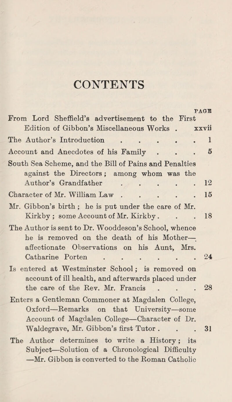 CONTENTS PAG® From Lord Sheffield’s advertisement to the First Edition of Gibbon’s Miscellaneous Works . xxvii The Author’s Introduction ..... 1 Account and Anecdotes of his Family ... 5 South Sea Scheme, and the Bill of Pains and Penalties against the Directors ; among whom was the Author’s Grandfather . . . . .12 Character of Mr. William Law . . . . .15 Mr. Gibbon’s birth ; he is put under the care of Mr. Kirkby ; some Account of Mr. Kirkby . . .18 The Author is sent to Dr. Wooddeson’s School, whence he is removed on the death of his Mother—■_ affectionate Observations on his Aunt, Mrs. Catharine Porten . . . . . .24 Is entered at Westminster School; is removed on account of ill health, and afterwards placed under the care of the Rev. Mr. Francis . . .28 Enters a Gentleman Commoner at Magdalen College, Oxford—Remarks on that University—some Account of Magdalen College—Character of Dr. Waldegrave, Mr. Gibbon’s first Tutor . . .31 The Author determines to write a History; its Subject—Solution of a Chronological Difficulty —Mr. Gibbon is converted to the Roman Catholic