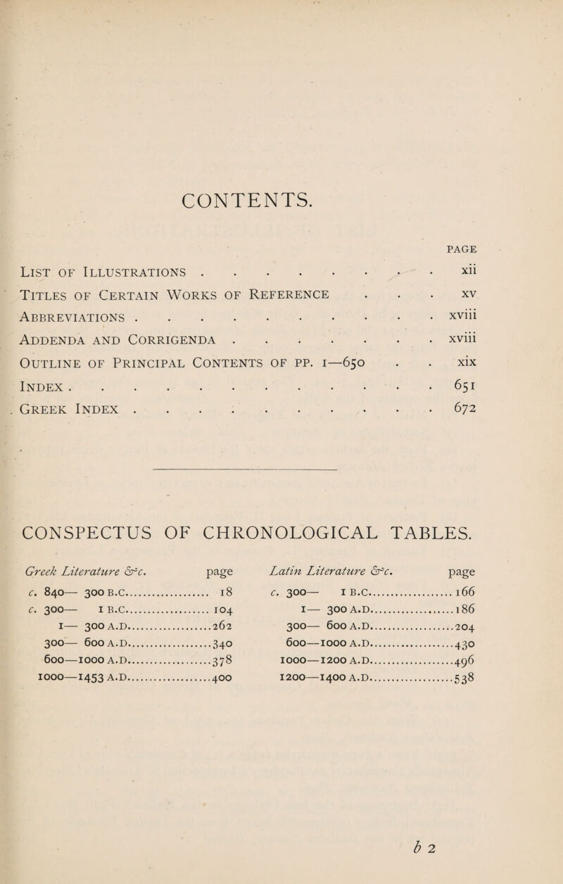 CONTENTS. List of Illustrations. Titles of Certain Works of Reference Abbreviations. Addenda and Corrigenda. Outline of Principal Contents of pp. i—650 Index . Greek Index •«•••••• PAGE xii xv xviii xviii xix 651 672 CONSPECTUS OF CHRONOLOGICAL TABLES. Greek Literature ore. page C. 840— 300 B.C. 18 C. 300— I B.C. 104 I— 300 A.D.262 300— 600 A.D.340 600—IOOO A.D.378 IOOO—1453 A.D.4OO Latin Literature dfc. Page c. 300— 1 B.C.166 I— 300 A.D.,....186 300— 600 A.D.204 600—IOOO A.D.430 IOOO—1200 A.D.496 1200—I4OO A. D.538