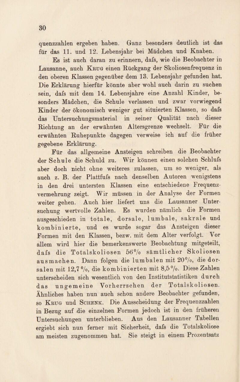 quenzzahlen ergeben haben. Ganz besonders deutlich ist das für das 11. und 12. Lebensjahr bei Mädchen und Knaben. Es ist auch daran zu erinnern, dafs, wie die Beobachter in Lausanne, auch Krug einen Rückgang der Skoliosenfrequenz in den oberen Klassen gegenüber dem 13. Lebensjahr gefunden hat. Die Erklärung hierfür könnte aber wohl auch darin zu suchen sein, dafs mit dem 14. Lebensjahre eine Anzahl Kinder, be¬ sonders Mädchen, die Schule verlassen und zwar vorwiegend Kinder der ökonomisch weniger gut situierten Klassen, so dafs das Untersuchungsmaterial in seiner Qualität nach dieser Richtung an der erwähnten Altersgrenze wechselt. Für die erwähnten Ruhepunkte dagegen verweise ich auf die früher gegebene Erklärung. Für das allgemeine Ansteigen schreiben die Beobachter der Schule die Schuld zu. Wir können einen solchen Schlufs aber doch nicht ohne weiteres zulassen, um so weniger, als auch z. B. der Plattfufs nach denselben Autoren wenigstens in den drei untersten Klassen eine entschiedene Frequenz¬ vermehrung zeigt. Wir müssen in der Analyse der Formen weiter gehen. Auch hier liefert uns die Lausanner Unter¬ suchung wertvolle Zahlen. Es wurden nämlich die Formen ausgeschieden in totale, dorsale, lumbale, sakrale und kombinierte, und es wurde sogar das Ansteigen dieser Formen mit den Klassen, bezw. mit dem Alter verfolgt. Vor allem wird hier die bemerkenswerte Beobachtung mitgeteilt, dafs die Totalskoliosen 56% sämtlicher Skoliosen ausmachen. Dann folgen die lumbalen mit 20%, die dor¬ salen mit 12,7%, die kombinierten mit 8,5%. Diese Zahlen unterscheiden sich wesentlich von den Institutstatistiken durch das ungemeine Vorherrschen der Totalskoliosen. Ähnliches haben nun auch schon andere Beobachter gefunden, so Krug und Schenk. Die Ausscheidung der Frequenzzahlen in Bezug auf die einzelnen Formen jedoch ist in den früheren Untersuchungen unterblieben. Aus den Lausanner Tabellen ergiebt sich nun ferner mit Sicherheit, dafs die Totalskoliose am meisten zugenommen hat. Sie steigt in einem Prozentsatz