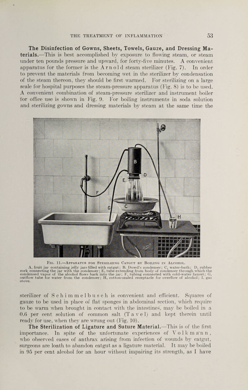 The Disinfection of Gowns, Sheets, Towels, Gauze, and Dressing Ma¬ terials.—This is best accomplished by exposure to flowing steam, or steam under ten pounds pressure and upward, for forty-five minutes. A convenient apparatus for the former is the Arnold steam sterilizer (Fig. 7). In order to prevent the materials from becoming wet in the sterilizer by condensation of the steam thereon, they should be first warmed. For sterilizing on a large scale for hospital purposes the steam-pressure apparatus (Fig. 8) is to be used. A convenient combination of steam-pressure sterilizer and instrument boiler for office use is shown in Fig. 9. For boiling instruments in soda solution and sterilizing gowns and dressing materials by steam at the same time the Fig. 11.—Apparatus for Sterilizing Catgut by Boiling in Alcohol. A, fruit jar containing jelly jars filled with catgut; B, Dowd’s condenser; C, water-bath; D, rubber cork connecting the jar with the condenser; E, tube extending from body of condenser through which the condensed vapor of the alcohol flows back into the jar; F, tubing connected with cold-water faucet; G, outflow tube for water from the condenser; H, cotton-sealed receptacle for overflow of alcohol; I, gas stove. sterilizer of S c h i m melbusch is convenient and efficient. Squares of gauze to be used in place of flat sponges in abdominal section, which require to be warm when brought in contact with the intestines, mav be boiled in a 0.6 per cent solution of common salt (T a v e 1) and kept therein until ready for use, when they are wrung out (Fig. 10). The Sterilization of Ligature and Suture Material.—This is of the first importance. In spite of the unfortunate experiences of A’ o 1 k m a n n , who observed cases of anthrax arising from infection of wounds by catgut, surgeons are loath to abandon catgut as a ligature material. It may be boiled in 95 per cent alcohol for an hour without impairing its strength, as I have