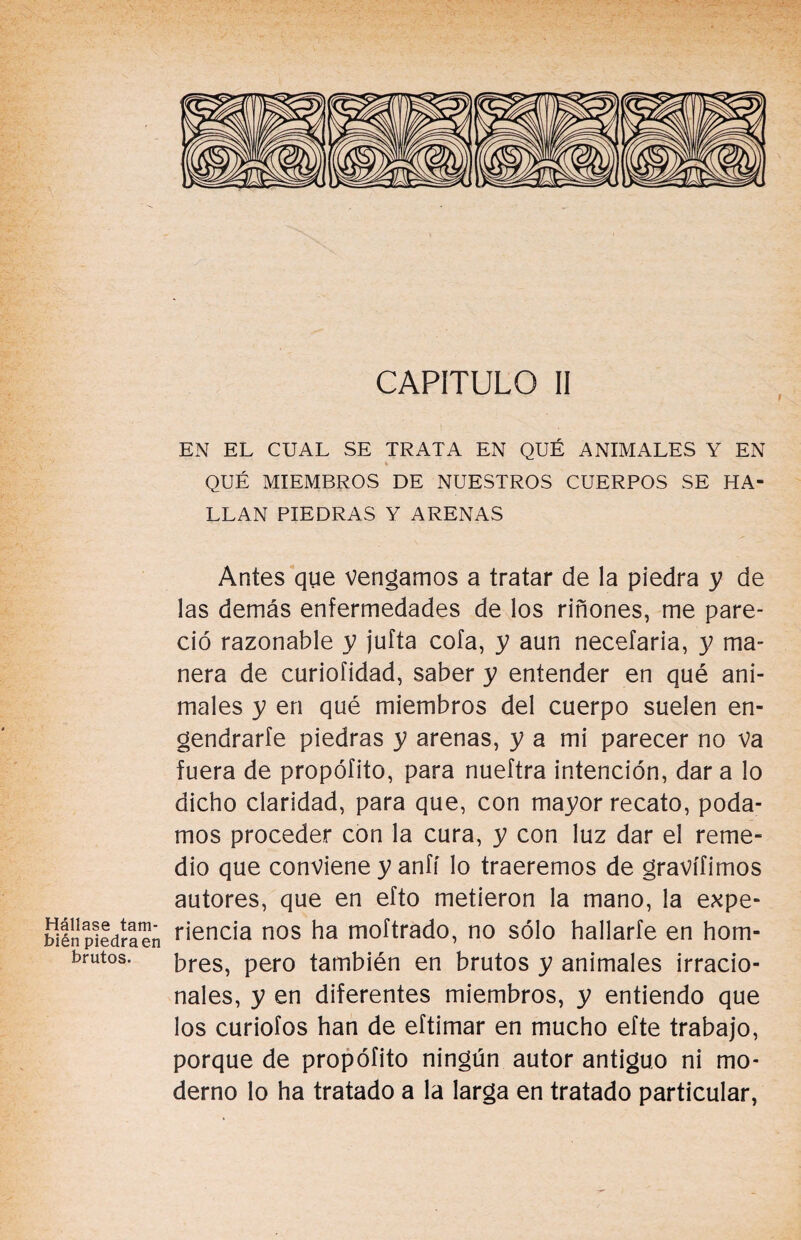 CAPITULO II í EN EL CUAL SE TRATA EN QUÉ ANIMALES Y EN - QUÉ MIEMBROS DE NUESTROS CUERPOS SE HA¬ LLAN PIEDRAS Y ARENAS Antes que vengamos a tratar de la piedra y de las demás enfermedades de los riñones, me pare¬ ció razonable y jufta cofa, y aun necefaria, y ma¬ nera de curiofidad, saber y entender en qué ani¬ males y en qué miembros del cuerpo suelen en¬ gendrarte piedras y arenas, y a mi parecer no va fuera de propófito, para nueftra intención, dar a lo dicho claridad, para que, con mayor recato, poda¬ mos proceder con la cura, y con luz dar el reme¬ dio que conviene y anfí lo traeremos de gravííimos autores, que en efto metieron la mano, la expe- biénpledraeñ riencia nos ha moftrado, no sólo hallarte en hom- brutos. frres, pero también en brutos y animales irracio¬ nales, y en diferentes miembros, y entiendo que los curiofos han de eftimar en mucho efte trabajo, porque de propófito ningún autor antiguo ni mo¬ derno lo ha tratado a la larga en tratado particular,