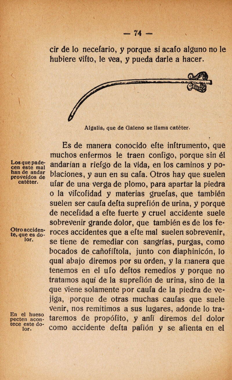 \ Los que pade¬ cen este mal han de andar proveídos de catéter. Otro acciden¬ te, que es do¬ lor. En el hueso pecten acon¬ tece este do¬ lor. cir de lo necefario, y parque si acafo alguno no le hubiere viíto, le vea, y pueda darle a hacer. Es de manera conocido efte inftrumento, que muchos enfermos le traen configo, porque sin él andarían a riefgo de la vida, en los caminos y po¬ blaciones, y aun en su cafa. Otros hay que suelen ufar de una verga de plomo, para apartar la piedra o la vifcofidad y materias gruefas, que también suelen ser caufa defta suprefión de urina, y porque de neceíidad a efte fuerte y cruel accidente suele sobrevenir grande dolor, que también es de los fe¬ roces accidentes que a efte mal suelen sobrevenir, se tiene de remediar con sangrías, purgas, como bocados de cañofíftola, junto con diaphinicón, lo qual abajo diremos por su orden, y la manera que tenemos en el ufo deftos remedios y porque no tratamos aquí de la suprefión de urina, sino de la que viene solamente por caufa de la piedra de ve¬ jiga, porque de otras muchas caufas que suele Venir, nos remitimos a sus lugares, adonde lo tra¬ taremos de propófito, y anfí diremos del dolor como accidente defta paíión y se afienta en el