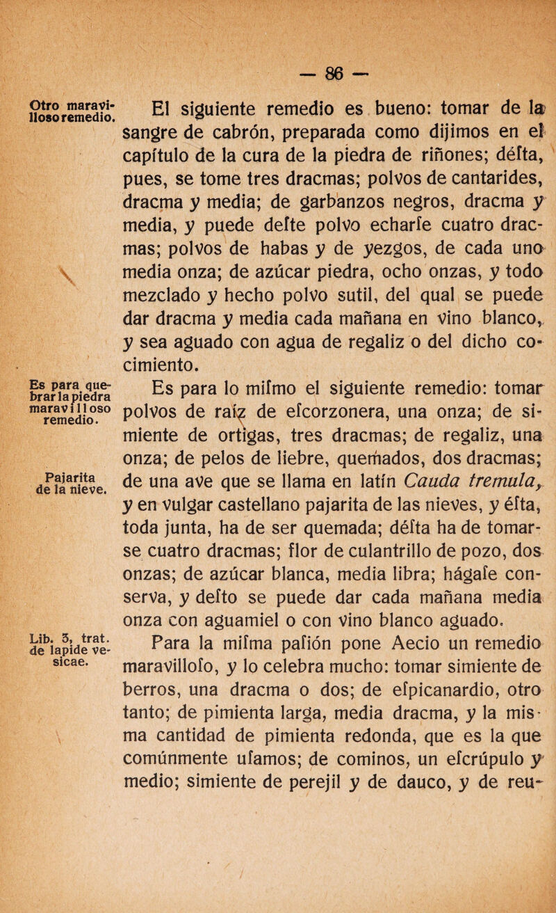 Otro maravi¬ lloso remedio. \ Es para que¬ brar la piedra maravilloso remedio. Pajarita de la nieve. Lib. 5, trat. de lapide ve- sicae. - 86 - El siguiente remedio es bueno: tomar de la? sangre de cabrón, preparada como dijimos en el capítulo de la cura de la piedra de riñones; défta, pues, se tome tres dracmas; polvos de cantarides, dracma y media; de garbanzos negros, dracma y media, y puede deíte polvo echaríe cuatro drac¬ mas; polvos de habas y de yezgos, de cada uno media onza; de azúcar piedra, ocho onzas, y todo mezclado y hecho polvo sutil, del qual se puede dar dracma y media cada mañana en vino blanco, y sea aguado con agua de regaliz o del dicho co¬ cimiento. Es para lo miímo el siguiente remedio: tomar polvos de raí^ de efcorzonera, una onza; de si¬ miente de ortigas, tres dracmas; de regaliz, una onza; de pelos de liebre, quemados, dos dracmas; de una ave que se llama en latín Cauda trémula> y en vulgar castellano pajarita de las nieves, y éíta, toda junta, ha de ser quemada; défta ha de tomar¬ se cuatro dracmas; flor de culantrillo de pozo, dos onzas; de azúcar blanca, media libra; hágale con¬ serva, y defto se puede dar cada mañana media onza con aguamiel o con vino blanco aguado. Para la mifma pafión pone Aecio un remedio maravillólo, y lo celebra mucho: tomar simiente de berros, una dracma o dos; de eípicanardio, otro tanto; de pimienta larga, media dracma, y la mis¬ ma cantidad de pimienta redonda, que es la que comúnmente ufamos; de cominos, un efcrúpulo y medio; simiente de perejil y de dauco, y de reu~