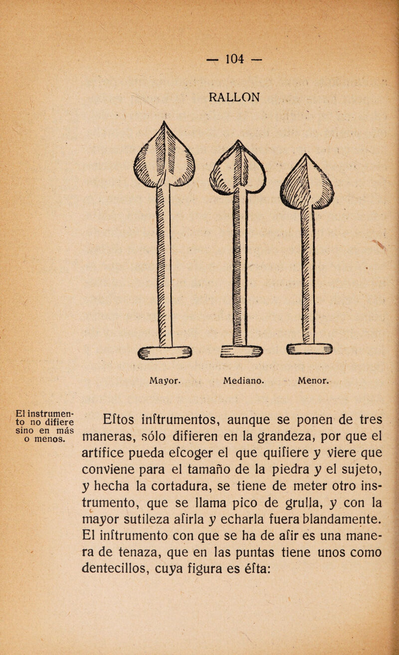 El instrumen¬ to no difiere sino en más o menos. RALLON Mayor. Mediano. Menor. Eftos inítrumentos, aunque se ponen de tres maneras, sólo difieren en la grandeza, por que el artífice pueda efcoger el que quifiere y viere que conviene para el tamaño de la piedra y el sujeto, y hecha la cortadura, se tiene de meter otro ins¬ trumento, que se llama pico de grulla, y con la mayor sutileza afirla y echarla fuera blandamente. El inftrumento con que se ha de afir es una mane¬ ra de tenaza, que en las puntas tiene unos como dentecillos, cuya figura es éfta: