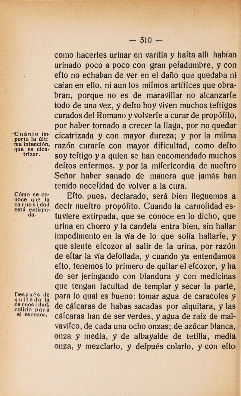 --Cuánto im¬ porta la ú!ti ma intención, que es cica¬ trizar. Cómo se co¬ noce que la car no s i dad está extirpa¬ da. Después de quitada la car nos i dad, colirio para el escozor. como hacerles urinar en varilla y hafta allí habían urinado poco a poco con gran peíadumbre, y con eíto no echaban de ver en el daño que quedaba ni caían en ello, ni aun los mifmos artífices que obra- bran, porque no es de maravillar no alcanzarle todo de una vez, y defto hoy viven muchos teftigos curados del Romano y volverte a curar de propóíito, por haber tornado a crecer la llaga, por no quedar cicatrizada y con mayor dureza; y por la mifma razón curarle con mayor dificultad, como defto soy teftigo y a quien se han encomendado muchos deftos enfermos, y por la mifericordia de nueftro Señor haber sanado de manera que jamás han tenido necefidad de volver a la cura. Eíto, pues, declarado, será bien lleguemos a decir nueftro propóíito. Cuando la carnoíidad es¬ tuviere extirpada, que se conoce en lo dicho, que urina en chorro y la candela entra bien, sin hallar impedimento en la vía de lo que solía hallaríe, y que siente efcozor al salir de la urina, por razón de eftar la vía defollada, y cuando ya entendamos efto, tenemos lo primero de quitar el efcozor, y ha de ser jeringando con blandura y con medicinas que tengan facultad de templar y secar la parte, para lo qual es bueno: tomar agua de caracoles y de cáfcaras de habas sacadas por alquitara, y las cáfcaras han de ser verdes, y agua de raíz de mal- vavifco, de cada una ocho onzas; de azúcar blanca, onza y media, y de albayalde de tetilla, media onza, y mezclarlo, y defpués colarlo, y con efto