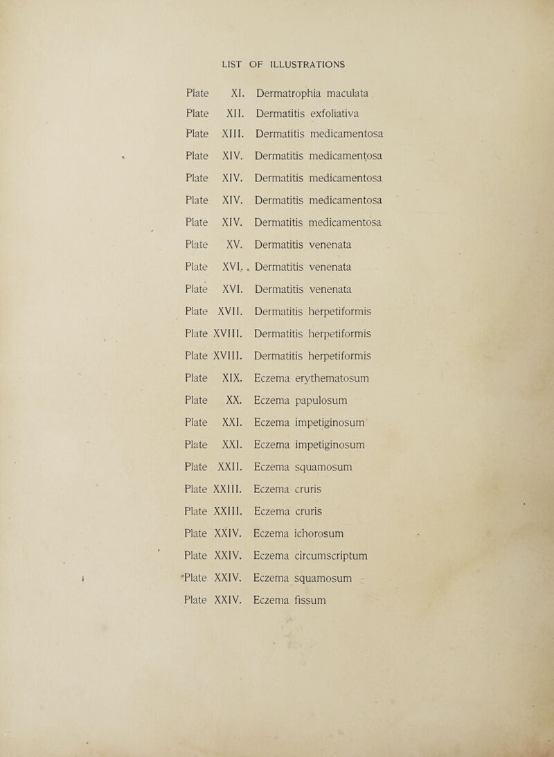 Plate XI. Dermatrophia maculata Plate XII. Dermatitis exfoliativa Plate XIII. Dermatitis medicamentosa Plate XIV. Dermatitis medicamentosa Plate XIV. Dermatitis medicamentosa Plate XIV. Dermatitis medicamentosa Plate XIV. Dermatitis medicamentosa Plate XV. Dermatitis venenata Plate XVI, . Dermatitis venenata Plate XVI. Dermatitis venenata Plate XVII. Dermatitis herpetiformis Plate XVIII. Dermatitis herpetiformis Plate XVIII. Dermatitis herpetiformis Plate XIX. Eczema erythematosum Plate XX. Eczema papulosum Plate XXI. Eczema impetiginosum Plate XXI. Eczema impetiginosum Plate XXII. Eczema squamosum Plate XXIII. Eczema cruris Plate XXIII. Eczema cruris Plate XXIV. Eczema ichorosum Plate XXIV. Eczema circumscriptum •'Plate XXIV. Eczema squamosum