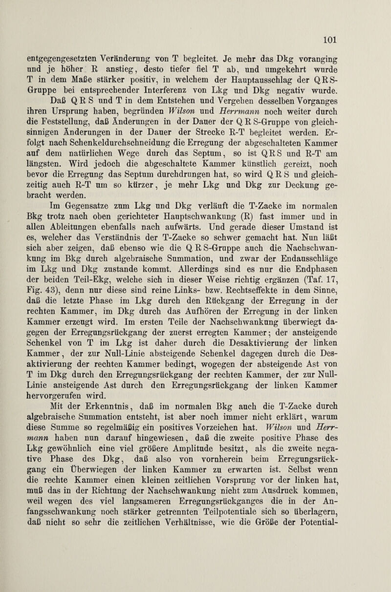 entgegengesetzten Veränderung von T begleitet. Je mehr das Dkg voranging und je höher R anstieg, desto tiefer fiel T ab, und umgekehrt wurde T in dem Maße stärker positiv, in welchem der Hauptausschlag der QRS- Gruppe bei entsprechender Interferenz von Lkg und Dkg negativ wurde. Daß Q R S und T in dem Entstehen und Vergehen desselben Vorganges ihren Ursprung haben, begründen Wilson und Herrmann noch weiter durch die Feststellung, daß Änderungen in der Dauer der Q R S-Gruppe von gleich¬ sinnigen Änderungen in der Dauer der Strecke R-T begleitet werden. Er¬ folgt nach Schenkeldurchschneidung die Erregung der abgeschalteten Kammer auf dem natürlichen Wege durch das Septum, so ist QRS und R-T am längsten. Wird jedoch die abgeschaltete Kammer künstlich gereizt, noch bevor die Erregung das Septum durchdrungen hat, so wird QRS und gleich¬ zeitig auch R-T um so kürzer, je mehr Lkg und Dkg zur Deckung ge¬ bracht werden. Im Gegensätze zum Lkg und Dkg verläuft die T-Zacke im normalen Bkg trotz nach oben gerichteter Hauptschwankung (R) fast immer und in allen Ableitungen ebenfalls nach aufwärts. Und gerade dieser Umstand ist es, welcher das Verständnis der T-Zacke so schwer gemacht hat. Nun läßt sich aber zeigen, daß ebenso wie die Q R S-Gruppe auch die Nach Schwan¬ kung im Bkg durch algebraische Summation, und zwar der Endausschläge im Lkg und Dkg zustande kommt. Allerdings sind es nur die Endphasen der beiden Teil-Ekg, welche sich in dieser Weise richtig ergänzen (Taf. 17, Fig. 43), denn nur diese sind reine Links- bzw. Rechtseffekte in dem Sinne, daß die letzte Phase im Lkg durch den Rückgang der Erregung in der rechten Kammer, im Dkg durch das Aufhören der Erregung in der linken Kammer erzeugt wird. Im ersten Teile der Nachschwankung über wiegt da¬ gegen der Erregungsrückgang der zuerst erregten Kammer; der ansteigende Schenkel von T im Lkg ist daher durch die Desaktivierung der linken Kammer, der zur Null-Linie absteigende Schenkel dagegen durch die Des¬ aktivierung der rechten Kammer bedingt, wogegen der absteigende Ast von T im Dkg durch den Erregungsrückgang der rechten Kammer, der zur Null- Linie ansteigende Ast durch den Erregungsrückgang der linken Kammer hervorgerufen wird. Mit der Erkenntnis, daß im normalen Bkg auch die T-Zacke durch algebraische Summation entsteht, ist aber noch immer nicht erklärt, warum diese Summe so regelmäßig ein positives Vorzeichen hat. Wilson und Herr¬ mann haben nun darauf hingewiesen, daß die zweite positive Phase des Lkg gewöhnlich eine viel größere Amplitude besitzt, als die zweite nega¬ tive Phase des Dkg, daß also von vornherein beim Erregungsrück¬ gang ein Überwiegen der linken Kammer zu erwarten ist. Selbst wenn die rechte Kammer einen kleinen zeitlichen Vorsprung vor der linken hat, muß das in der Richtung der Nachschwankung nicht zum Ausdruck kommen, weil wegen des viel langsameren Erregungsrückganges die in der An¬ fangsschwankung noch stärker getrennten Teilpotentiale sich so überlagern, daß nicht so sehr die zeitlichen Verhältnisse, wie die Größe der Potential-