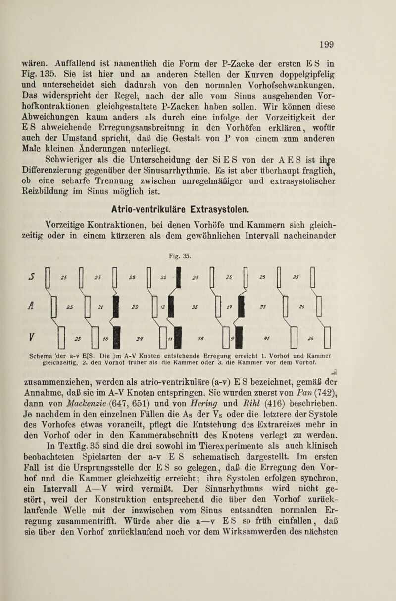 wären. Auffallend ist namentlich die Form der P-Zacke der ersten ES in Fig. 135. Sie ist hier und an anderen Stellen der Kurven doppelgipfelig und unterscheidet sich dadurch von den normalen Vorhofschwankungen. Das widerspricht der Regel-, nach der alle vom Sinus ausgehenden Vor¬ hofkontraktionen gleichgestaltete P-Zacken haben sollen. Wir können diese Abweichungen kaum anders als durch eine infolge der Vorzeitigkeit der ES abweichende Erregungsausbreitung in den Vorhöfen erklären, wofür auch der Umstand spricht, daß die Gestalt von P von einem zum anderen Male kleinen Änderungen unterliegt. Schwieriger als die Unterscheidung der Si E S von der A E S ist ihje Differenzierung gegenüber der Sinusarrhythmie. Es ist aber überhaupt fraglich, ob eine scharfe Trennung zwischen unregelmäßiger und extrasystolischer Reizbildung im Sinus möglich ist. Atrio-ventrikuläre Extrasystolen. Vorzeitige Kontraktionen, bei denen Vorhöfe und Kammern sich gleich¬ zeitig oder in einem kürzeren als dem gewöhnlichen Intervall nacheinander Fig. 35. Schema [der a-v E[S. Die [im A-V Knoten entstehende Erregung erreicht 1. Vorhof und Kammer gleichzeitig, 2. den Vorhof früher als die Kammer oder 3. die Kammer vor dem Vorhof. ^4^ zusammenziehen, werden als atrio-ventrikuläre (a-v) E S bezeichnet, gemäß der Annahme, daß sie im A-V Knoten entspringen. Sie wurden zuerst von Pan (742), dann von Mackenzie (647, 651) und von Hering und Rihl (416) beschrieben. Je nachdem in den einzelnen Fällen die As der Vs oder die letztere der Systole des Vorhofes etwas voraneilt, pflegt die Entstehung des Extrareizes mehr in den Vorhof oder in den Kammerabschnitt des Knotens verlegt zu werden. In Textfig. 35 sind die drei sowohl im Tierexperimente als auch klinisch beobachteten Spielarten der a-v E S schematisch dargestellt. Im ersten Fall ist die Ursprungsstelle der E S so gelegen, daß die Erregung den Vor¬ hof und die Kammer gleichzeitig erreicht; ihre Systolen erfolgen synchron, ein Intervall A—V wird vermißt. Der Sinusrhythmus wird nicht ge¬ stört, weil der Konstruktion entsprechend die über den Vorhof zurück¬ laufende Welle mit der inzwischen vom Sinus entsandten normalen Er¬ regung zusammentrifft. Würde aber die a—v ES so früh einfallen, daß sie über den Vorhof zurücklaufend noch vor dem Wirksamwerden des nächsten