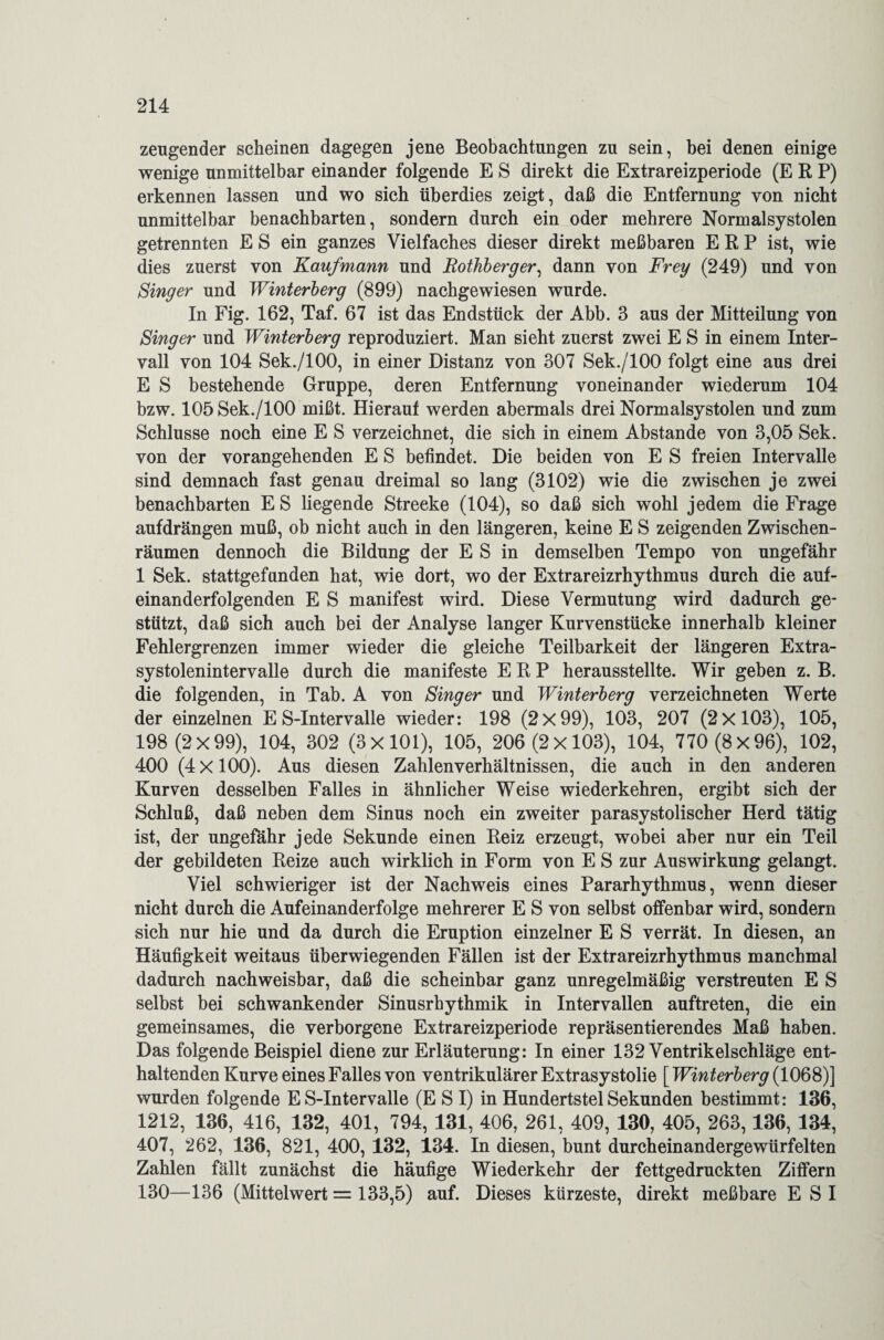 zeugender scheinen dagegen jene Beobachtungen zu sein, bei denen einige wenige unmittelbar einander folgende E S direkt die Extrareizperiode (E R P) erkennen lassen und wo sich überdies zeigt, daß die Entfernung von nicht unmittelbar benachbarten, sondern durch ein oder mehrere Normalsystolen getrennten E S ein ganzes Vielfaches dieser direkt meßbaren ERP ist, wie dies zuerst von Kaufmann und Rothberger, dann von Frey (249) und von Singer und Winterberg (899) nachgewiesen wurde. In Fig. 162, Taf. 67 ist das Endstück der Abb. 3 aus der Mitteilung von Singer und Winterberg reproduziert. Man sieht zuerst zwei E S in einem Inter¬ vall von 104 Sek./lOO, in einer Distanz von 307 Sek./lOO folgt eine aus drei E S bestehende Gruppe, deren Entfernung voneinander wiederum 104 bzw. 105 Sek./lOO mißt. Hierauf werden abermals drei Normalsystolen und zum Schlüsse noch eine E S verzeichnet, die sich in einem Abstande von 3,05 Sek. von der vorangehenden E S befindet. Die beiden von E S freien Intervalle sind demnach fast genau dreimal so lang (3102) wie die zwischen je zwei benachbarten ES liegende Strecke (104), so daß sich wohl jedem die Frage aufdrängen muß, ob nicht auch in den längeren, keine E S zeigenden Zwischen¬ räumen dennoch die Bildung der E S in demselben Tempo von ungefähr 1 Sek. stattgefunden hat, wie dort, wo der Extrareizrhythmus durch die auf¬ einanderfolgenden E S manifest wird. Diese Vermutung wird dadurch ge¬ stützt, daß sich auch bei der Analyse langer Kurvenstücke innerhalb kleiner Fehlergrenzen immer wieder die gleiche Teilbarkeit der längeren Extra¬ systolenintervalle durch die manifeste ERP herausstellte. Wir geben z. B. die folgenden, in Tab. A von Singer und Winterberg verzeichneten Werte der einzelnen E S-Intervalle wieder: 198 (2x99), 103, 207 (2x103), 105, 198 (2x99), 104, 302 (3x101), 105, 206 (2x103), 104, 770 (8x96), 102, 400 (4x100). Aus diesen Zahlenverhältnissen, die auch in den anderen Kurven desselben Falles in ähnlicher Weise wiederkehren, ergibt sich der Schluß, daß neben dem Sinus noch ein zweiter parasystolischer Herd tätig ist, der ungefähr jede Sekunde einen Reiz erzeugt, wobei aber nur ein Teil der gebildeten Reize auch wirklich in Form von E S zur Auswirkung gelangt. Viel schwieriger ist der Nachweis eines Pararhythmus, wenn dieser nicht durch die Aufeinanderfolge mehrerer E S von selbst offenbar wird, sondern sich nur hie und da durch die Eruption einzelner E S verrät. In diesen, an Häufigkeit weitaus überwiegenden Fällen ist der Extrareizrhythmus manchmal dadurch nachweisbar, daß die scheinbar ganz unregelmäßig verstreuten E S selbst bei schwankender Sinusrhythmik in Intervallen auftreten, die ein gemeinsames, die verborgene Extrareizperiode repräsentierendes Maß haben. Das folgende Beispiel diene zur Erläuterung: In einer 132 Ventrikelschläge ent¬ haltenden Kurve eines Falles von ventrikulärer Extrasystolie [ Winterberg (1068)] wurden folgende E S-Intervalle (E S I) in Hundertstel Sekunden bestimmt: 136, 1212, 136, 416, 132, 401, 794, 131, 406, 261, 409, 130, 405, 263,136, 134, 407, 262, 136, 821, 400, 132, 134. In diesen, bunt durcheinandergewürfelten Zahlen fällt zunächst die häufige Wiederkehr der fettgedruckten Ziffern 130—136 (Mittelwert = 133,5) auf. Dieses kürzeste, direkt meßbare ESI