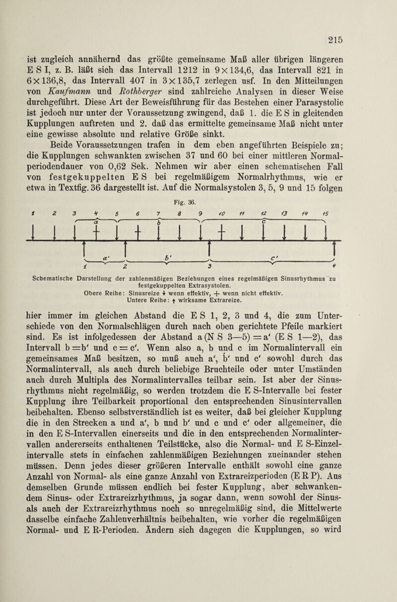ist zugleich annähernd das größte gemeinsame Maß aller übrigen längeren ESI, z. B. läßt sich das Intervall 1212 in 9x134,6, das Intervall 821 in 6x136,8, das Intervall 407 in 3x135,7 zerlegen usf. In den Mitteilungen von Kaufmann und Rothberger sind zahlreiche Analysen in dieser Weise durchgeführt. Diese Art der Beweisführung für das Bestehen einer Parasystolie ist jedoch nur unter der Voraussetzung zwingend, daß 1. die E S in gleitenden Kupplungen auftreten und 2. daß das ermittelte gemeinsame Maß nicht unter eine gewisse absolute und relative Größe sinkt. Beide Voraussetzungen trafen in dem eben angeführten Beispiele zu; die Kupplungen schwankten zwischen 37 und 60 bei einer mittleren Normal¬ periodendauer von 0,62 Sek. Nehmen wir aber einen schematischen Fall von festgekuppelten E S bei regelmäßigem Normalrhythmus, wie er etwa in Textfig. 36 dargestellt ist. Auf die Normalsystolen 3, 5, 9 und 15 folgen 13 /V 15 rn i _/ V Schematische Darstellung der zahlenmäßigen Beziehungen eines regelmäßigen Sinusrhythmus zu festgekuppelten Extrasystolen. Obere Reihe: Sinusreize 4- wenn effektiv, + wenn nicht effektiv. Untere Reihe: + wirksame Extrareize. hier immer im gleichen Abstand die E S 1, 2, 3 und 4, die zum Unter¬ schiede von den Normalschlägen durch nach oben gerichtete Pfeile markiert sind. Es ist infolgedessen der Abstand a(N S 3—5) = a' (ES 1—2), das Intervall b =b' und c = c'. Wenn also a, b und c im Normalintervall ein gemeinsames Maß besitzen, so muß auch a', b' und c' sowohl durch das Normalintervall, als auch durch beliebige Bruchteile oder unter Umständen auch durch Multipla des Normalintervalles teilbar sein. Ist aber der Sinus¬ rhythmus nicht regelmäßig, so werden trotzdem die E S-Intervalle bei fester Kupplung ihre Teilbarkeit proportional den entsprechenden Sinusintervallen beibehalten. Ebenso selbstverständlich ist es weiter, daß bei gleicher Kupplung die in den Strecken a und a', b und b' und c und c' oder allgemeiner, die in den E S-Intervallen einerseits und die in den entsprechenden Normalinter¬ vallen andererseits enthaltenen Teilstücke, also die Normal- und E S-Einzel- intervalle stets in einfachen zahlenmäßigen Beziehungen zueinander stehen müssen. Denn jedes dieser größeren Intervalle enthält sowohl eine ganze Anzahl von Normal- als eine ganze Anzahl von Extrareizperioden (E R P). Aus demselben Grunde müssen endlich bei fester Kupplung, aber schwanken¬ dem Sinus- oder Extrareizrhythmus, ja sogar dann, wenn sowohl der Sinus¬ ais auch der Extrareizrhythmus noch so unregelmäßig sind, die Mittelwerte dasselbe einfache Zahlenverhältnis beibehalten, wie vorher die regelmäßigen Normal- und E R-Perioden. Ändern sich dagegen die Kupplungen, so wird J L 5 ~\s~ Fig. 36. 8 10 11 12 m j I 1 1 I 1 1 r V-. i b‘ •v-- C' “V'“
