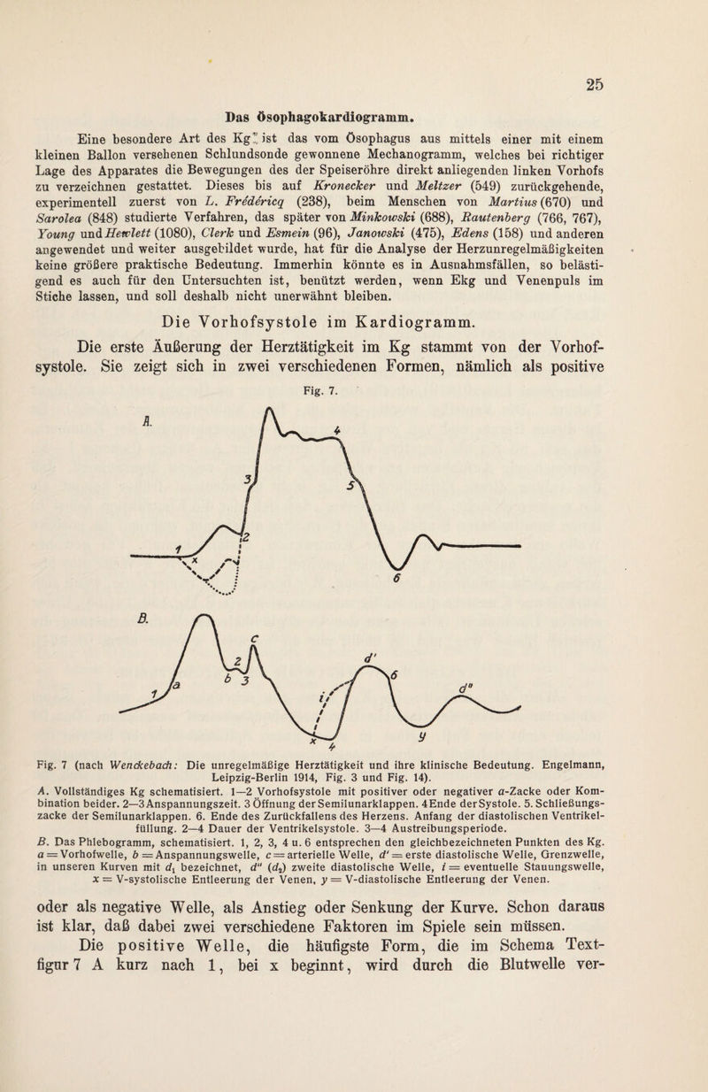 Das ösophagokardiogramm. Eine besondere Art des Kgl ist das vom Ösophagus aus mittels einer mit einem kleinen Ballon versehenen Schlundsonde gewonnene Mechanogramm, welches bei richtiger Lage des Apparates die Bewegungen des der Speiseröhre direkt anliegenden linken Vorhofs zu verzeichnen gestattet. Dieses bis auf KronecJcer und Meitzer (549) zurückgehende, experimentell zuerst von L. Fredericq (238), beim Menschen von Martins (670) und Sarolea (848) studierte Verfahren, das später von Minkowski (688), Rautenberg (766, 767), Young und Hewlett (1080), Clerk und Esmein (96), Janowski (475), Edens (158) und anderen angewendet und weiter ausgebildet wurde, hat für die Analyse der Herzunregelmäßigkeiten keine größere praktische Bedeutung. Immerhin könnte es in Ausnahmsfällen, so belästi¬ gend es auch für den Untersuchten ist, benützt werden, wenn Ekg und Venenpuls im Stiche lassen, und soll deshalb nicht unerwähnt bleiben. Die Vorhofsystole im Kardiogramm. Die erste Äußerung der Herztätigkeit im Kg stammt von der Vorhof¬ systole. Sie zeigt sich in zwei verschiedenen Formen, nämlich als positive Fig. 7. Fig. 7 (nach Wenckebach: Die unregelmäßige Herztätigkeit und ihre klinische Bedeutung. Engelmann, Leipzig-Berlin 1914, Fig. 3 und Fig. 14). A. Vollständiges Kg schematisiert. 1—2 Vorhofsystole mit positiver oder negativer a-Zacke oder Kom¬ bination beider. 2—3 Anspannungszeit. 3 Öffnung der Semilunarklappen. 4Ende der Systole. 5. Schließungs¬ zacke der Semilunarklappen. 6. Ende des Zurückfallens des Herzens. Anfang der diastolischen Ventrikel¬ füllung. 2—4 Dauer der Ventrikelsystole. 3—4 Austreibungsperiode. B. Das Phlebogramm, schematisiert. 1, 2, 3, 4 u. 6 entsprechen den gleichbezeichneten Punkten des Kg. a = Vorhofwelle, b = Anspannungswelle, c — arterielle Welle, = erste diastolische Welle, Grenzwelle, in unseren Kurven mit bezeichnet, d“ (d2) zweite diastolische Welle, i = eventuelle Stauungswelle, x = V-systolische Entleerung der Venen, y — V-diastolische Entleerung der Venen. oder als negative Welle, als Anstieg oder Senkung der Kurve. Schon daraus ist klar, daß dabei zwei verschiedene Faktoren im Spiele sein müssen. Die positive Welle, die häufigste Form, die im Schema Text¬ figur 7 A kurz nach 1, bei x beginnt, wird durch die Blutwelle ver-