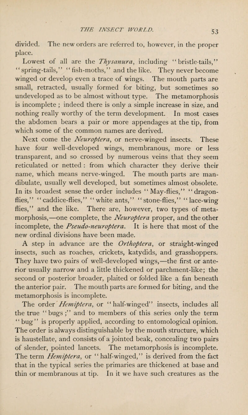 divided. The new orders are referred to, however, in the proper place. Lowest of all are the Thysanura, including “bristle-tails,” “spring-tails,” “ fish-moths,” and the like. They never become winged or develop even a trace of wings. The mouth parts are small, retracted, usually formed for biting, but sometimes so undeveloped as to be almost without type. The metamorphosis is incomplete ; indeed there is only a simple increase in size, and nothing really worthy of the term development. In most cases the abdomen bears a pair or more appendages at the tip, from which some of the common names are derived. Next come the Neuroptera, or nerve-winged insects. These have four well-developed wings, membranous, more or less transparent, and so crossed by numerous veins that they seem reticulated or netted : from which character they derive their name, which means nerve-winged. The mouth parts are man- dibulate, usually well developed, but sometimes almost obsolete. In its broadest sense the order includes “May-flies,” “dragon¬ flies,” “ caddice-flies,” “white ants,” “stone-flies,” “lace-wing flies,” and the like. There are, however, two types of meta¬ morphosis,—one complete, the Neuroptera proper, and the other incomplete, the Pseudo-neuroptera. It is here that most of the new ordinal divisions have been made. A step in advance are the Orthoptera, or straight-winged insects, such as roaches, crickets, katydids, and grasshoppers. They have two pairs of well-developed wings,—the first or ante¬ rior usually narrow and a little thickened or parchment-like; the second or posterior broader, plaited or folded like a fan beneath the anterior pair. The mouth parts are formed for biting, and the metamorphosis is incomplete. The order Hemiptera, or “ half-winged” insects, includes all the true “bugs;” and to members of this series only the term “ bug” is properly applied, according to entomological opinion. The order is always distinguishable by the mouth structure, which is haustellate, and consists of a jointed beak, concealing two pairs of slender, pointed lancets. The metamorphosis is incomplete. The term Hemiptera, or “ half-winged,” is derived from the fact that in the typical series the primaries are thickened at base and thin or membranous at tip. In it we have such creatures as the