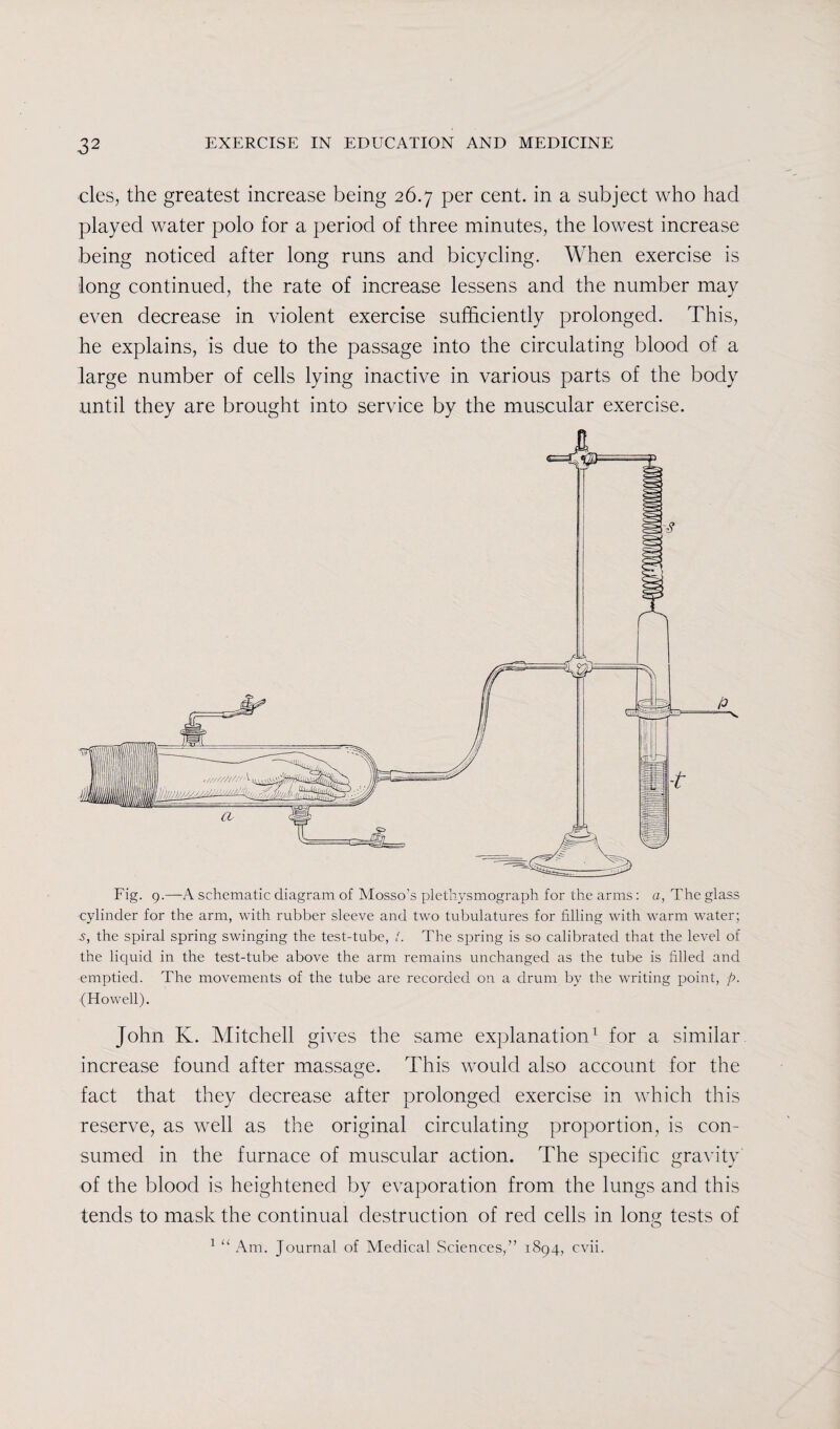 ■cles, the greatest increase being 26.7 per cent, in a subject who had played water polo for a period of three minutes, the lowest increase being noticed after long runs and bicycling. When exercise is long continued, the rate of increase lessens and the number may even decrease in violent exercise sufficiently prolonged. This, he explains, is due to the passage into the circulating blood of a large number of cells lying inactive in various parts of the body until they are brought into service by the muscular exercise. Fig. 9.—A schematic diagram of Mosso’s plethysmograph for the arms: a, The glass cylinder for the arm, with rubber sleeve and two tubulatures for filling with warm water; -s, the spiral spring swinging the test-tube, i. The spring is so calibrated that the level of the liquid in the test-tube above the arm remains unchanged as the tube is filled and emptied. The movements of the tube are recorded on a drum by the writing point, p. (Howell). John K. Mitchell gives the same explanation1 for a similar increase found after massage. This would also account for the fact that they decrease after prolonged exercise in which this reserve, as well as the original circulating proportion, is con¬ sumed in the furnace of muscular action. The specific gravity of the blood is heightened by evaporation from the lungs and this tends to mask the continual destruction of red cells in long tests of 1 “ Am. Journal of Medical Sciences,” 1894, cvii.