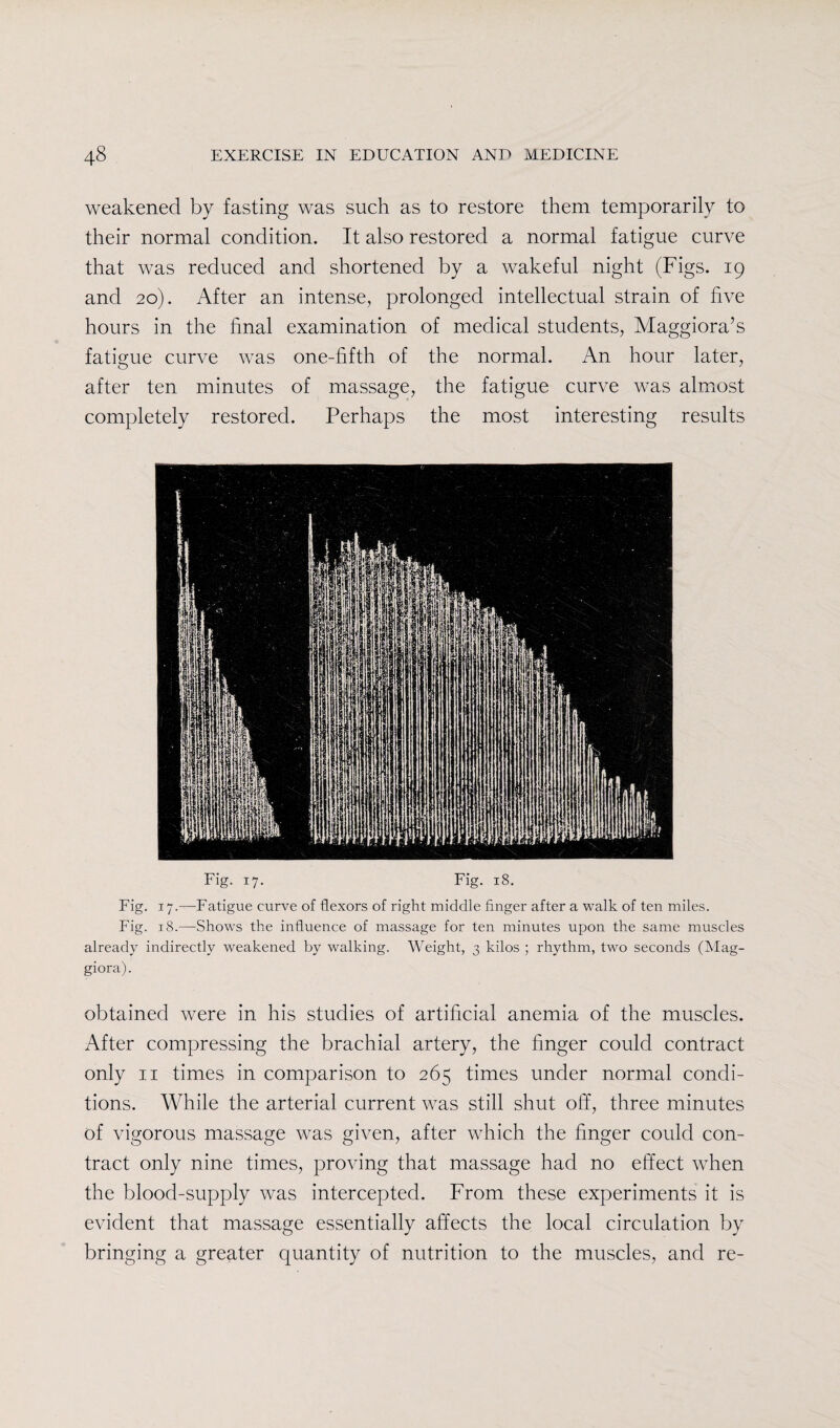 weakened by fasting was such as to restore them temporarily to their normal condition. It also restored a normal fatigue curve that was reduced and shortened by a wakeful night (Figs. 19 and 20). After an intense, prolonged intellectual strain of five hours in the final examination of medical students, Maggiora’s fatigue curve was one-fifth of the normal. An hour later, after ten minutes of massage, the fatigue curve was almost completely restored. Perhaps the most interesting results Fig. 17. Fig. 18. Fig. 17.—-Fatigue curve of flexors of right middle finger after a walk of ten miles. Fig. 18.—Shows the influence of massage for ten minutes upon the same muscles already indirectly weakened by walking. Weight, 3 kilos ; rhythm, two seconds (Mag- giora). obtained were in his studies of artificial anemia of the muscles. After compressing the brachial artery, the finger could contract only 11 times in comparison to 265 times under normal condi¬ tions. While the arterial current was still shut off, three minutes of vigorous massage was given, after which the finger could con¬ tract only nine times, proving that massage had no effect when the blood-supply was intercepted. From these experiments it is evident that massage essentially affects the local circulation by bringing a greater quantity of nutrition to the muscles, and re-