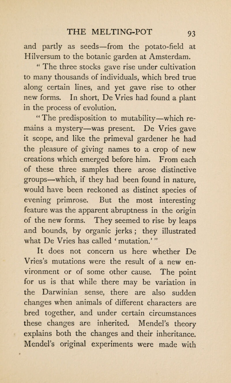 and partly as seeds—from the potato-field at Hilversum to the botanic garden at Amsterdam. “ The three stocks gave rise under cultivation to many thousands of individuals, which bred true along certain lines, and yet gave rise to other new forms. In short, De Vries had found a plant in the process of evolution. “ The predisposition to mutability—which re¬ mains a mystery—was present. De Vries gave it scope, and like the primeval gardener he had the pleasure of giving names to a crop of new creations which emerged before him. From each of these three samples there arose distinctive groups—which, if they had been found in nature, would have been reckoned as distinct species of evening primrose. But the most interesting feature was the apparent abruptness in the origin of the new forms. They seemed to rise by leaps and bounds, by organic jerks ; they illustrated what De Vries has called ‘ mutation.’ ” It does not concern us here whether De Vries’s mutations were the result of a new en¬ vironment or of some other cause. The point for us is that while there may be variation in the Darwinian sense, there are also sudden changes when animals of different characters are bred together, and under certain circumstances these changes are inherited. Mendel’s theory explains both the changes and their inheritance. Mendel’s original experiments were made with