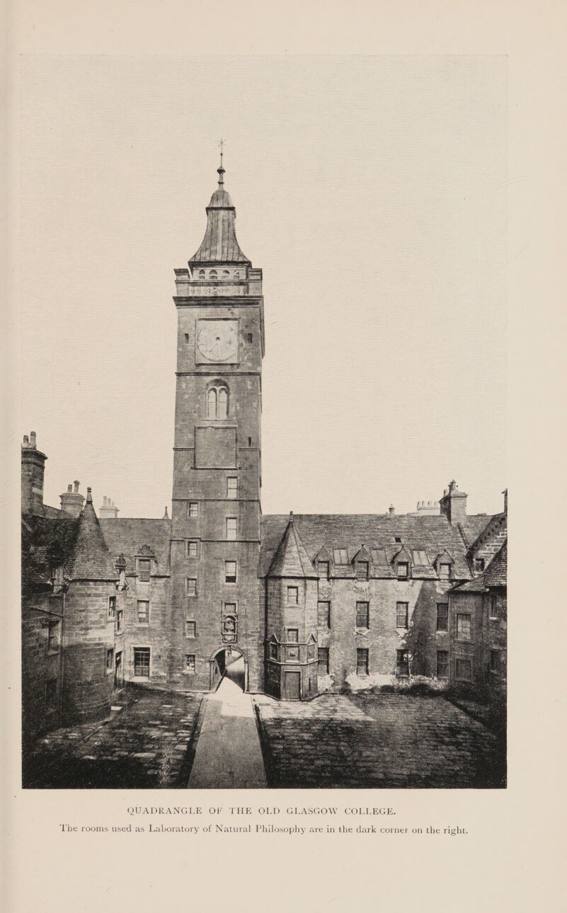 QUADRANGLE OF THE OLD GLASGOW COLLEGE. The rooms used as Laboratory of Natural Philosophy are in the dark corner on the right.