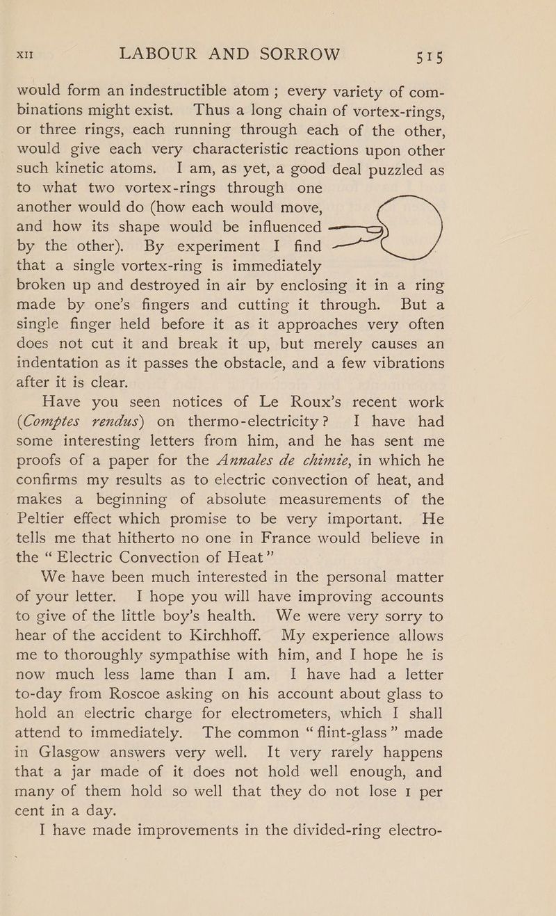 would form an indestructible atom ; every variety of com- binations might exist. Thus a long chain of vortex-rings, or three rings, each running through each of the other, would give each very characteristic reactions upon other such kinetic atoms. I am, as yet, a good deal puzzled as to what two vortex-rings through one another would do (how each would move, and how its shape would be influenced lee by the other). By experiment .1- find that a single vortex-ring is immediately broken up and destroyed in air by enclosing it in a ring made by one’s fingers and cutting it through. But a single finger held before it as it approaches very often does not cut it and break it up, but merely causes an indentation as it passes the obstacle, and a few vibrations after it is clear. Have you seen notices of Le Roux’s recent work (Comptes rendus) on thermo-electricity? I have had some interesting letters from him, and he has sent me proofs of a paper for the Aznales de chimie, in which he confirms my results as to electric convection of heat, and makes a beginning of absolute measurements of the Peltier effect which promise to be very important. He tells me that hitherto no one in France would believe in the “ Hlectric Convection.of Heat:” We have been much interested in the personal matter of your letter. I hope you will have improving accounts to give of the little boy’s health. We were very sorry to hear of the accident to Kirchhoff. My experience allows me to thoroughly sympathise with him, and I hope he is now! much. less Jame than [I am.’ 1 have had a letter to-day from Roscoe asking on his account about glass to hold an electric charge for electrometers, which I shall attend to immediately. The common “ flint-glass” made in Glasgow answers very well. It very rarely happens that a jar made of it does not hold well enough, and many of them hold so well that they do not lose 1 per cent in a day.