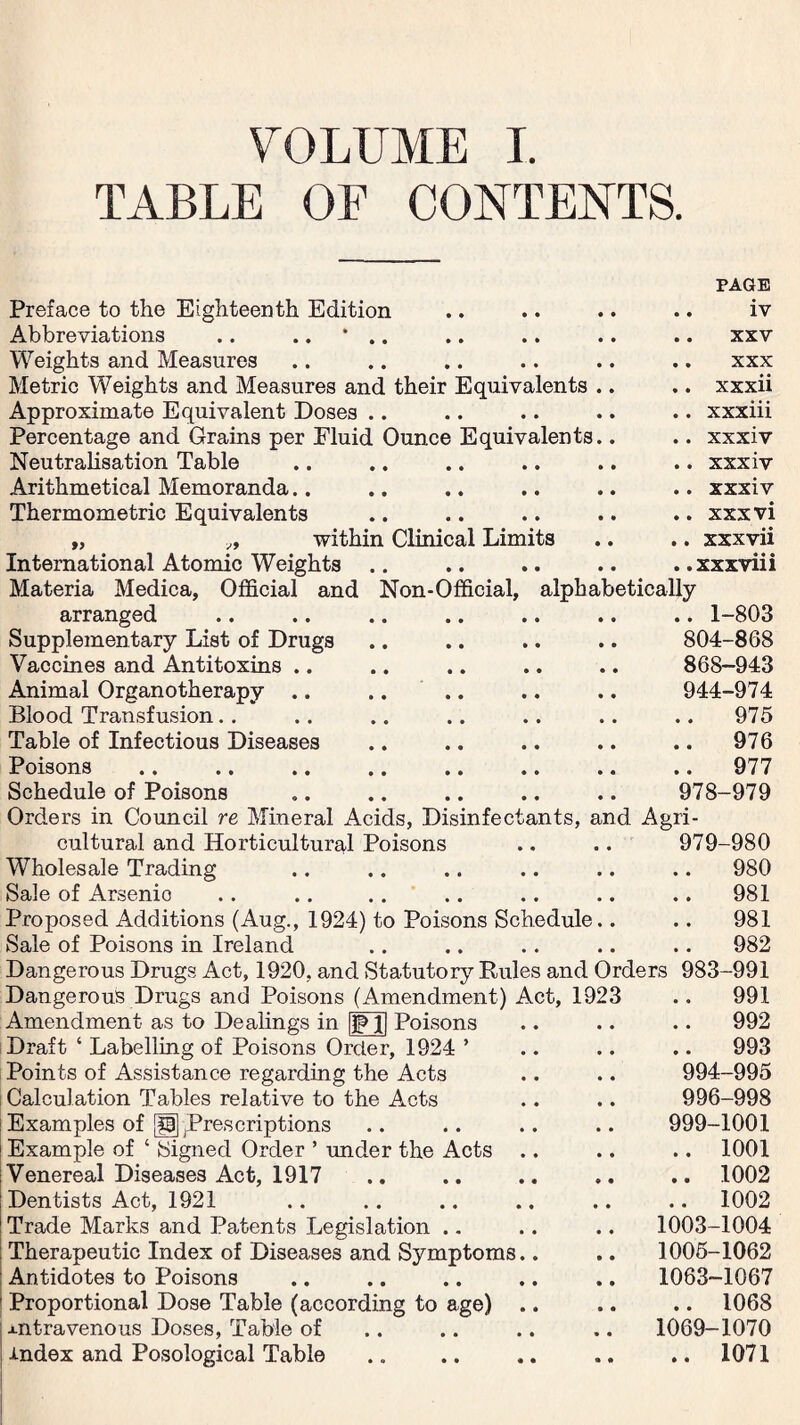 VOLUME I. TABLE OF CONTENTS. PAGE Preface to the Eighteenth Edition .. .. .. .. iv Abbreviations .. .. * .. .. .. .. .. xxv Weights and Measures .. .. .. .. .. .. xxx Metric Weights and Measures and their Equivalents .. .. xxxii Approximate Equivalent Doses .. .. .. .. .. xxxiii Percentage and Grains per Fluid Ounce Equivalents.. .. xxxiv Neutralisation Table .. .. .. .. .. .. xxxiv Arithmetical Memoranda.. .. .. .. .. .. xxxiv Thermometric Equivalents .. .. .. .. .. xxxvi „ „ within Clinical Limits .. .. xxxvii International Atomic Weights .. .. .. .. .. xxxvii i Materia Medica, Official and Non-Official, alphabetically arranged .. .. .. .. .. .. .. 1-803 Supplementary List of Drugs .. .. .. .. 804-868 Vaccines and Antitoxins .. .. .. .. .. 868-943 Animal Organotherapy .. .. .. .. .. 944-974 Blood Transfusion.. .. .. .. .. .. .. 975 Table of Infectious Diseases .. .. .. .. .. 976 Poisons .. .. .. .. .. .. .. .. 977 Schedule of Poisons .. .. .. .. .. 978-979 Orders in Council re Mineral Acids, Disinfectants, and Agri¬ cultural and Horticultural Poisons .. .. 979-980 Wholesale Trading .. .. .. .. .. .. 980 Sale of Arsenio .. .. .. .. .. .. .. 981 Proposed Additions (Aug., 1924) to Poisons Schedule.. .. 981 Sale of Poisons in Ireland .. .. .. .. .. 982 Dangerous Drugs Act, 1920, and Statutory Rules and Orders 983-991 Dangerous Drugs and Poisons (Amendment) Act, 1923 .. 991 .. 992 .. 993 994-995 996-998 999-1001 .. 1001 .. 1002 .. 1002 1003-1004 1005-1062 1063-1067 .. 1068 1069-1070 .. 1071 Amendment as to Dealings in |jjp 1| Poisons Draft ‘ Labelling of Poisons Order, 1924 ’ Points of Assistance regarding the Acts Calculation Tables relative to the Acts Examples of [g] prescriptions Example of ‘ Signed Order ’ under the Acts Venereal Diseases Act, 1917 Dentists Act, 1921 Trade Marks and Patents Legislation .. Therapeutic Index of Diseases and Symptoms Antidotes to Poisons Proportional Dose Table (according to age) xntravenous Doses, Table of index and Posological Table