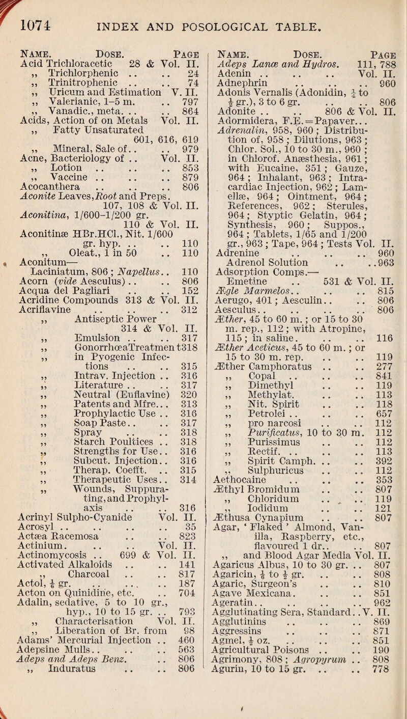 35 33 Name. Dose. Page Acid Trichloracetic 28 & Vol. II. ,, Trichlorphenic .. .. 24 Trinitrophenic .. .. 74 Uricum and Estimation V. II. ,, Valerianic, 1-5 m. .. 797 ,, Vanadic., meta. .. .. 864 Acids, Action of on Metals Vol. II. „ Fatty Unsaturated 601, 616, 619 ,, Mineral, Sale of.. .. 979 Acne, Bacteriology of .. Vol. II. „ Lotion.853 „ Vaccine.879 Acocanthera .. .. .. 806 Aconite Leaves,Root and Preps. 107, 108 & Vol. II. Aconitine,, 1/600-1/200 gr. 110 & Vol. II. Aconitinse HBr.HCl., Nit. 1/600 gr. hyp.110 ,, Oleat., 1 in 50 .. 110 Aconitum— Laciniatum, 806 ; Napellus.. 110 Acorn (vide Aesculus).. .. 806 Acqua del Pagliari .. .. 152 Acridine Compounds 313 & Vol. II. Acriflavine 312 Name. Dose. Page Adeps Lance and Hydros. Ill, 788 Adenin. Vol. II. Adnephrin .. .. .. 960 Adonis Vernalis (Adonidin, \ to \ gr.), 3 to 6 gr. .. .. 806 Adonite .. .. 806 & Vol. II. Adormidera, F.E. = Papaver... Adrenalin, 958, 960 ; Distribu¬ tion of, 958 ; Dilutions, 963 ; Chlor. Sol., 10 to 30 m., 960 ; in Chlorof. Anaesthesia, 961; with Eucaine, 351; Gauze, 964 ; Inhalant, 963 ; Intra- cardiac Injection, 962; Lam¬ ellae, 964 ; Ointment, 964 ; References, 962; Sterules, 964; Styptic Gelatin, 964 ; Synthesis, 960; Suppos., 964; Tablets, 1/65 and 1/200 gr., 963 ; Tape, 964 ; Tests Vol. II. Aclrenine .. .. .. 960 A dr enol Solution .. ..963 Adsorption Comps.— Emetine .. 531 & Vol. II. Mgle Marmelos.. .. .. 815 Aerugo, 401; Aesculin.. .. 806 Aesculus.. .. .. .. 806 33 Antiseptic Power ALther, 45 to 60 m.; or 15 to 30 314 & Vol. II. m. rep., 112; with Atropine, 33 Emulsion .. 317 115; in saline. t # 116 33 GonorrhoeaTreatmen t318 Mther Aceticus, 45 to 60 m.; or 33 in Pyogenic Infec¬ 15 to 30 m. rep. # . # # 119 tions 315 iEther Camphoratus # # 277 33 Intrav. Injection .. 316 ,, Copal , # # . 841 33 Literature 317 ,, Dimethyl # # 119 33 Neutral (Euflavine) 320 ,, Methylat. # # .. 113 33 Patents and Mfre... 313 ,, Nit. Spirit .. .. 118 33 Prophylactic Use .. 316 ,, Petrolei .. 657 33 Soap Paste 317 ,, pro narcosi # # .. 112 33 Spray 318 „ Purificatus, 10 to 30 ra. 112 33 Starch Poultices .. 318 ,, Purissimus . . # # 112 33 Strengths for Use.. 316 ,, Rectif. .. . . . # 113 33 Subcut. Injection.. 316 „ Spirit Camph. # 392 33 Therap. Coefft. .. 315 ,, Sulphuricus • o 112 53 Therapeutic Uses.. 314 Aethocaine # # • • 353 33 Wounds, Suppura¬ iEthyl Bromidum # # • • 807 ting, and Prophyl¬ ,, Chloridum # # 119 axis 316 ,, Iodidum 121 Acrinyl Sulpho-Cyanide Vol. II. iEthusa Cynapium 807 Acrosyl .. • • • • • • 35 Agar, ‘ Flaked ’ Almond, Van- Actsea Racemosa 823 ilia, Raspberry, etc., Actinium. Vol. II. flavoured 1 dr.. .. 807 Actinomycosis .. 699 & Vol. II. Activated Alkaloids .. .. 141 ,, Charcoal .. .. 817 Actol, £ gr. .. . 187 Acton on Quinidirie, etc. .. 704 Adalin, sedative, 5 to 10 gr., hyp., 10 to 15 gr. .. 793 „ Characterisation Vol. II. ,, Liberation of Br. from 98 Adams’ Mercurial Injection .. 460 Adepsine Mulls.. .. .. 563 Adeps and Adeps Benz. .. 806 „ Induratus .. .. 806 ,, and Blood Agar Media Vol. II. Agaricus Albus, 10 to 30 gr. .. 807 Agaricin, £ to 4 gr.808 Agaric, Surgeon’s .. .. 810 Agave Mexicana. .. .. 851 Ageratin.. .. .. .. 962 Agglutinating Sera, Standard. .V. II. Agglutinins .. .. .. 869 Aggressins .. .. .. 871 Agmel, £ oz. .. .. .. 851 Agricultural Poisons .. .. 190 Agrimony, 808 ; Agropyrum .. 808 Agurin, 10 to 15 gr.778