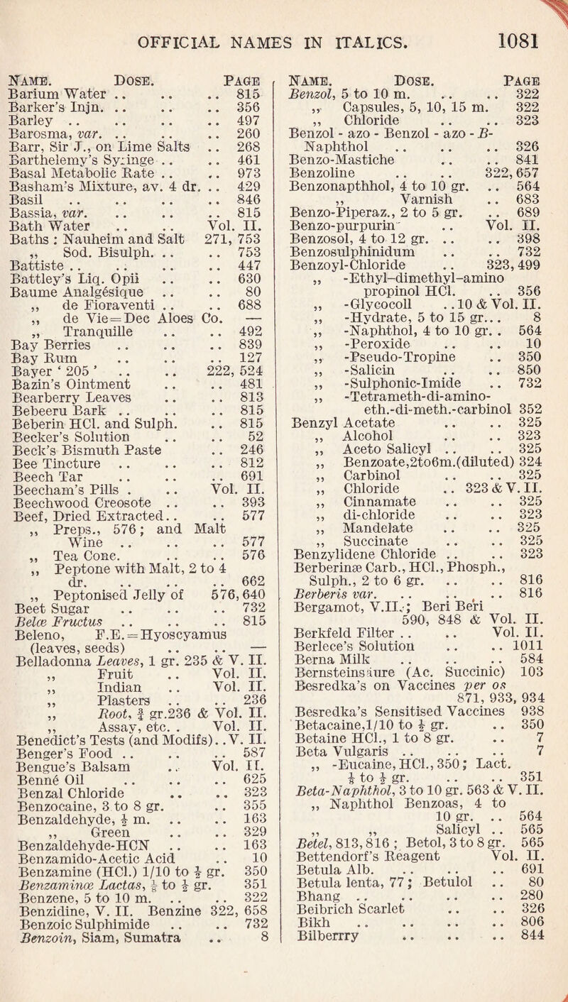 Name. Dose. PAGE Name. Dose. Page Barium Water # # 815 Benzol, 5 to 10 m. 322 Barker’s Injn. # # 356 ,, Capsules, 5, 10, 15 m. 322 Barley # # 497 „ Chloride 323 Barosma, var. 260 Benzol - azo - Benzol - azo - B- Barr, Sir J., on Lime Salts 268 Naphthol 326 Barthelemy’s Sy;inge .. 461 Benzo-Mastiche 841 Basal Metabolic Bate .. 0 # 973 Benzoline .. .. 322, 657 Basham’s Mixture, av. 4 dr. # # 429 Benzonapthhol, 4 to 10 gr. 564 Basil 846 ,, Varnish 683 Bassia, var. 815 Benzo-Piperaz., 2 to 5 gr. 689 Bath Water Vol. II. Benzo-pmpnrin' .. Vol. II. Baths : Nauheim and Salt 271, 753 Benzosol, 4 to 12 gr. .. 398 „ Sod. Bisulph. .. # # 753 Benzosulphinidum 732 Battiste 447 Benzoyl-Chloride .. 323, 499 Battley’s Liq. Opii 630 „ -Ethyl-dimethyl-amino Baume Analg^sique . # 80 propinol HC1. 356 ,, de Fioraventi .. 688 „ -Glycocoll ..lO&Vol. II. „ de Vie = Dec Aloes Co. — „ -Hydrate, 5 to 15 gr... 8 „ Tranquille 492 ,, -Naphthol, 4 to 10 gr. . 564 Bay Berries 839 ,, -Peroxide 10 Bay Bum , . 127 „ -Pseudo-Tropine 350 Bayer ‘ 205 ’ 222, 524 ,, -Salicin 850 Bazin’s Ointment # # 481 „ -Sulphonic-Imide 732 Bearberry Leaves # # 813 ,, -Tetrameth-di-arnino- Bebeeru Bark .. .. 815 eth.-di-meth.-carbinol 352 Beberin HC1. and Sulph. 815 Benzyl Acetate 325 Becker’s Solution 0 # 52 ,, Alcohol 323 Beck’s Bismuth Paste # # 246 ,, Aceto Salicyl .. 325 Bee Tincture # # 812 ,, Benzoate,2to6m.(diluted) 324 Beech Tar 9 % 691 ,, Carbinol 325 Beecham’s Pills . Vol. II. ,, Chloride .. 323&V. II. Beechwood Creosote .. 393 ,, Cinnamate 325 Beef, Dried Extracted.. 577 ,, di-chloride 323 ,, Preps., 576: and Malt ,, Mandelate 325 Wine .. ., 577 ,, Succinate 325 ,, Tea Cone. 576 Benzylidene Chloride .. 323 ,, Peptone with Malt, 2 to 4 Berbernne Carb., HC1., Phosph., dr. * 662 Sulph., 2 to 6 gr. 816 „ Peptonised Jelly of 576 ,640 Berber is var. .. .. # .. 816 Beet Sugar 732 Bergamot, V.IL ; Beri Beri Belce Frudus • • 815 590, 848 & Vol II. Beleno, F.E. = Hyoscyamus (leaves, seeds) Belladonna Leaves, 1 ,, Fruit „ Indian ,, Plasters .. ,, Root, | gr.236 Assay, etc. gr. 235 & V. II. Vol. II. Vol. II. . . 236 & Vol. II. Yol. II. Benedict’s Tests (and Modifs). .V. II. Benger’s Food .. .. .. 587 Bengue’s Balsam .. Vol. II. Bering Oil .. .. .. 625 Benzal Chloride .. .. 323 Benzocaine, 3 to 8 gr. .. 355 Benzaldehyde, A m. .. .. 163 ,, Green .. .. 329 Benzaldehyde-HCN .. .. 163 Benzamido-Acetic Acid .. 10 Benzamine (HC1.) 1/10 to § gr. 350 Benzaminoe Ladas, ^ to •£• gr. 351 Benzene, 5 to 10 m. .. .. 322 Benzidine, V. II. Benzine 322, 658 Benzoic Sulphimide .. .. 732 Benzoin, Siam, Sumatra .. 8 Berkfeld Filter .. .. Vol. II. Berlece’s Solution .. .. 1011 Berna Milk .. .. ... 584 Bernsteins aure (Ac. Succinic) 103 Besredka’s on Vaccines per os 871, 933, 934 Besredka’s Sensitised Vaccines 938 Betacaine,l/10 to £ gr. .. 350 Betaine HC1., 1 to 8 gr. .. 7 Beta Vulgaris .. .. .. 7 „ -Eucaine,HCl.,350; Pact. i to £ gr. .. .. 351 Beta-Naphthol, 3 to 10 gr. 563 & V. II. „ Naphthol Benzoas, 4 to 10 gr. .. 564 „ „ Salicyl .. 565 Betel, 813,816 ; Betol, 3 to 8gr. 565 Bettendorf’s Beagent Vol. II. Betula Alb. Betula lenta, 77; Bhang Beibrich Scarlet Bikh Bilberrry Betulol 691 80 280 326 806 844 A