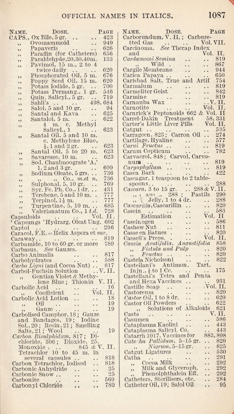 Name. Dose. Page CAPS., Ox Bile, 5 gr.423 ,, Ovomammoid .. 949 ,, Papaveris .. .. 626 ,, Paraffin (for Catheters) 656 „ Paraldehyde,20,30,40m. 133 ,, Pavimol, 15 in., 2 to 4 twice daily .. .. 620 ,, Phosphorated Oil, 5 m. 676 ,, Poppy Seed Oil, 15 m. 620 ,, Potass Iodide, 5 gr. .. 700 „ Potass Permang., 1 gr. 546 „ Quin. Salicyl., 5 gr. .. 719 „ Sahli’s .. .. 498,684 ,, Salol, 5 and 10 gr. .. 94 ,, Santal and Kava .. 625 ,, Santalol, 5 m. .. 622 „ 4 m. c. Methyl Salicyl., 1 .. 623 „ Santal Oil, 5 and 10 m. c. Methylene Blue, 1 and 2 gr. .. 623 ,, Santal Oil, 5 to 20 m. 623 „ Savaresse, 10 m. .. 623 „ Sod. Chaulmoograte ‘A,’ l,2and3gr. .. 609 o' odium Oleate, 5 grs. 736 Co., m.et n. 736 ,, Sulphonal, 5, 10 gr. .. 769 „ Syr. Fe. Ph. Co.. 1 dr. .. 431 ,, Terebene, 5 and 10 m. . 777 „ Terpinol, 11 m. .. 777 ,, Turpentine, 5, 10 m. .. 685 ,, Valerianatum Co., 1 t.d. 728 Capsuloids .. . . Vol. II. ‘ Capsungs ’Hydrarg. OleatUng. 602 Captol . . . . .. .. 296 Caracol, P.E. = Helix Aspera et var. Caraway.. .. .. .. 819 Carbamide, 10 to 60 gr. or more 789 Carbasus. See Gauzes. Carbo Animalis .. .. 817 Carbohydrates .. .. 588 Carbo Ligni (and Cocoa Nut) .. 817 Carbol-Fuchsin Solution . .V. II. ,, Gentian Violet & Methy¬ lene Blue ; Thionin V. II. Carbolic Acid .. .. .. 16 „ Coefficient .. Vol. II. Carbolic Acid Lotion .. .. 18 „ Oil .19 ,, Gauze .. .. .. 19 Carbolised Camphor, 18; Gauze and Bandages, 19; Iodine Sol.,20; Resin,21; Smelling Salts, 21; Wool .. ._. 19 Carbon Bisulphidum, 817 ; Di- chlorkle, 306; Dioxide, 25, Monoxide , .. 845 & V. II. Tetrachlor 10 to 45 m. in several caosules .. .. 818 Carbon Tetrachlor, Iodised .. 818 Carbonic Anhydride .. .. 25 Carbonic Snow .. .. .. 25 Carbonite .. .. .. 569 Carbonyl Chloride ., ,, 789 Name. Dose. Page Carborundum, V. II.; Carbure- tted Gas .. .. Vol. VII. Carcinoma. See Therap Index and ‘ Vol. II. Cardamomi Semina .. .. 819 „ Wild.867 Cargile Membrane .. .. 944 Carica Papaya .. .. .. 650 Carlsbad Salt, True and Artif 754 Carmalum .. .. .. 819 Carmeliter Geist .. .. 842 Carmine .. .. .. 819 Carnauba Wax .. ..V. II. Carnotite .. .. Vol. II. Carnrick's Peptonoids 662 & Vol. II Carrel-Dakin Treatment 58, 331 Carter’s Little Liver Pills Vol. II. Catgut .. .. .. .. 535 Carrageen, 823 ; Carron Oil .. 274 Cartilage, Hyaline .. .. 577 Carui Fructus .. .. .. 819 Carum Copticum .. .. 782 Carvacrol, 848 ; Carvol, Carvo- num .. .. .. .. 819 Caryophyllum .. .. .. 819 Casca Bark .. .. .. 422 Cascagar, 1 teaspoon to 2 table¬ spoons.. .. .. .. 288 Cascara, 3 to 15 gr. .. 288 & V. II. ,, < am ., 288 ; Pastils 290 ,, :| Jelly, 1 to 4 dr. .. 288 Cascarilla,Cascarillin .. .. 820 Casein .. .. .. .. 58o Estimation .. Vol. II Oaseinogen .. .. .. 586 Cashew Nut .. .. .. 811 Casse en Batues . .. . . 820 Cassell’s Preps. . .. Vol. II. Cassia Acutifolia, Angustifolia 858 ,, Fistula and Pulp .. 820 ,, Fructus .. .. .. 820 CastelaNicholsoni .. .. 822 Castellani’s Antimon. Tart. Injn., £to 1 Cc. .. .. 175 Castellani’s Tetra and Penta and Hexa Vaccines .. .. 931 Castille Soap .. .. ■ Vol. II. Castoreum .. .. .. 820 Castor Oil, 1 to 8 dr. .. .. 620 Castor Oil Powders .. .. 622 ,, Solutions of Alkaloids 621 Casts .. .. .. V. II. Casumen .. .. .. 586 Cataplasma Kaolini .. .. 443 Cataplasma Salicyl. Co. .. 443 Catarrh 1017, Vaccines for 883, 898 Cate hu Pallidum, 5-15 gr. .. 820 ,, Nigrum, 5-15 gr. .. 825 Catgut Ligatures .. .. 530 Catha.291 ,, Cocoa Milk .. .. 292 ,, Milk and Glyceroph. .. 292 ,, Phenolphthalein Eff. .. 292 Catheters, Sterilisers, etc. .. 284 Catheter QiH 9; Salol Oil ,, 95