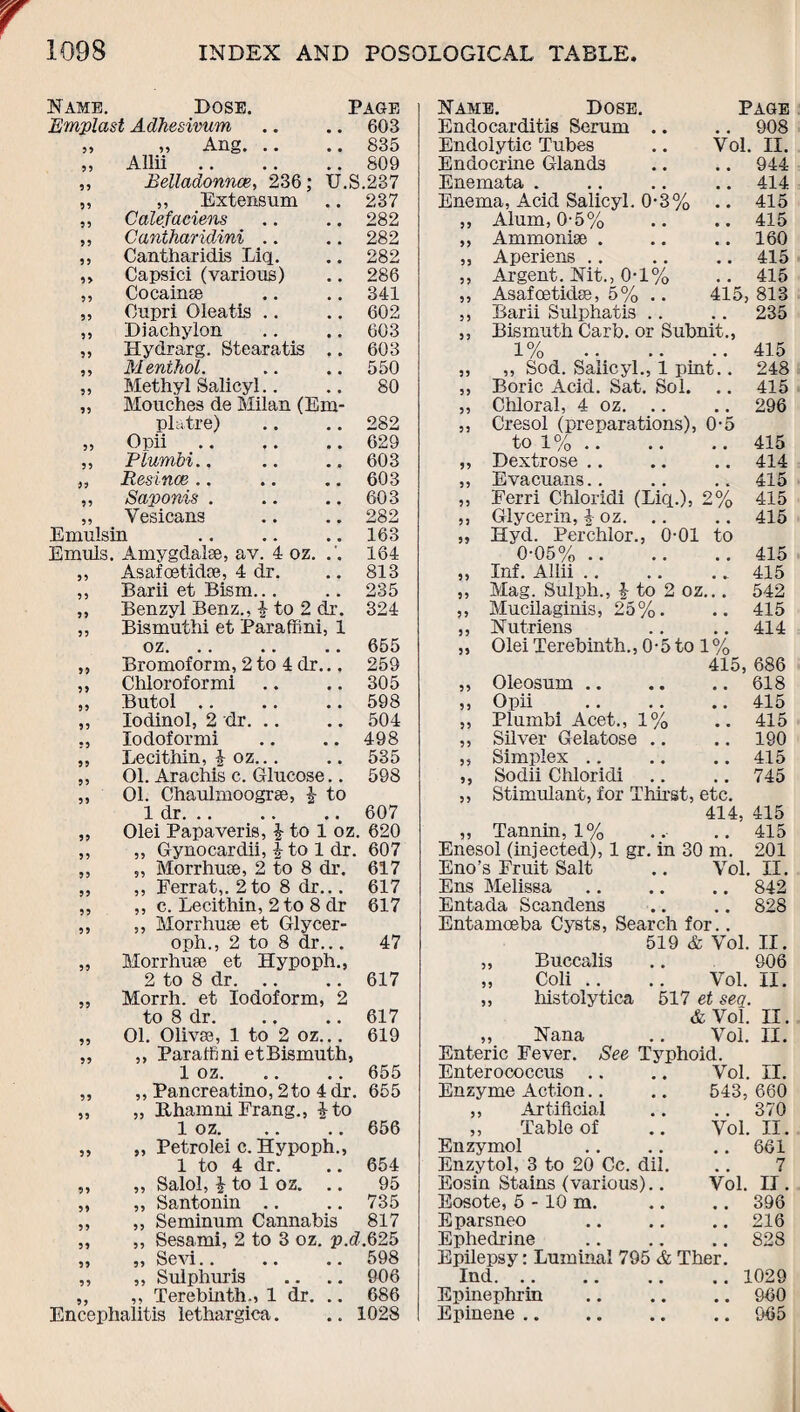 Name. Dose. Page Emplast Adhesivum 603 55 „ Ang. 835 55 Allii 809 55 Belladonnas, 236: U.S.237 55 ,, Extensum 237 55 Calefaciens 282 55 Canthandini 282 55 Cantharidis Liq. 282 9 > Capsici (various) 286 55 Cocaines 341 55 Cupri Oleatis 602 55 Diachylon 603 55 Hydrarg. Stearatis .. 603 55 Menthol. 550 55 Methyl Salicyl 80 55 Mouches de Milan (Em- piutre) 282 55 Opii. 629 55 Plumbi.. 603 99 Resiiice 603 95 Saponis . 603 55 Vesicans 282 Emulsin 163 Emuls. Amygdalae, av. 4 oz. .'. 164 95 Asafoetidoe, 4 dr. 813 55 Barii et Bism. 235 95 Benzyl Benz., £ to 2 dr. 324 55 Bismuthi et Para film, 1 O Z. • • • • • • 655 99 Bromoform, 2 to 4 dr... 259 55 Chloroform! 305 95 Butol 598 9 5 lodinol, 2 dr. 504 •5 lodoformi 498 99 Lecithin, | oz... 535 9 5 01. Arachis c. Glucose.. 598 95 01. Chaulmoogrse, to 1 dr. .. 607 ,, Olei Papaveris, \ to 1 oz. 620 ,, „ Gynocardii, | to 1 dr. 607 ,, „ Morrhuoe, 2 to 8 dr. 617 „ „ Ferrat,. 2to 8 dr... 617 „ ,, c. Lecithin, 2 to 8 dr 617 ,, ,, Morrhuse et Glycer- oph., 2 to 8 dr... 47 ,, Morrhuse et Hypoph., 2 to 8 dr.617 „ Morrh. et Iodoform, 2 to 8 dr. .. .. 617 „ 01. Olives, 1 to 2 oz... 619 ,, ,, Parafimi etBismuth, 1 oz. .. .. 655 „ ,, Pancreatino, 2to 4 dr. 655 „ „ Bhamni Frang., |to 1 oz. .. .. 656 ,, „ Petrolei c. Hypoph., 1 to 4 dr. .. 654 „ ,, Salol, l to 1 oz. .. 95 ,, ,, Santonin .. .. 735 ,, ,, Seminum Cannabis 817 „ ,, Sesami, 2 to 3 oz. p.d.625 „ „ Sevi.. .. .. 598 ,, ,, Sulphuris .. .. 906 ,, ,, Terebinth., 1 dr. .. 686 Encephalitis lethargica. .. 1028 Name. Dose. Page Endocarditis Serum .. .. 908 Endolytic Tubes .. Vol. II. Endocrine Glands .. .. 944 Enemata . .. .. .. 414 Enema, Acid Salicyl. 0-3% .. 415 55 Alum, 0-5% 415 99 Ammonise . 160 59 Aperiens 415 59 Argent. Nit., 0-1% 415 95 Asafoetidse, 5% .. 415, 813 55 Barii Sulphatis 235 55 Bismuth Garb, or Subnit., 1% . 415 55 ,, Sod. Salicyl., 1 pint.. 248 59 Boric Acid. Sat. Sol. .. 415 55 Chloral, 4 oz. 296 55 Cresol (preparations), 0-5 to 1%. 415 55 Dextrose 414 55 Evacuans 415 55 Ferri Chloridi (Liq.), 2% 415 59 Glycerin, \ oz. 415 5? Hyd. Perchlor., 0-01 to 0-05% 415 95 Inf. Allii 415 55 Mag. Sulph., | to 2 oz... 542 95 Mucilaginis, 25%. 415 55 Nutriens 414 55 Olei Terebinth., 0-5 to 1 % 415, 686 55 Oleosum 618 55 Opii 415 95 Plumbi Acet., 1% 415 55 Silver Gelatose 190 55 Simplex 415 9 9 Sodii Cliloridi 745 55 Stimulant, for Thirst, etc. 414, 415 ,, Tannin, 1% .. .. 415 Enesol (injected), 1 gr. in 30 m. 201 Eno’s Fruit Salt .. Vol. II. Ens Melissa.842 Entada Scandens .. .. 828 Entamoeba Cysts, Search for.. 519 & Vol. II. „ Buccalis .. 906 „ Coli .. .. Vol. II. „ histolytica 517 et seq. & Vol. II. „ Nana .. Vol. II. Enteric Fever. See Typhoid. Enterococcus Vol. II. Enzyme Action 543,660 ,, Artificial .. 370 ,, Table of Vol. II. Enzymol .. 661 Enzytol, 3 to 20 Cc. dil. 7 Eosin Stains (various).. Vol. II. Eosote, 5 - 10 m. .. 396 Eparsneo .. 216 Ephedrine .. 828 Epilepsy: Luminal 795 & Ther. Ind. .. 1029 Epinephrin .. 960 Epinene. .. 965