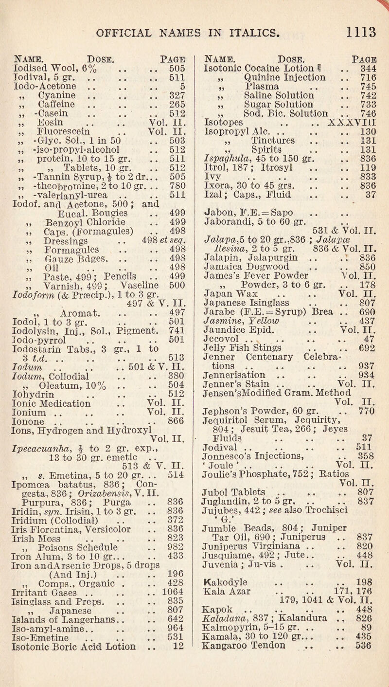Name. Dose. Page Iodised Wool, 6% .. .. 505 Iodival, 5 gr. .. .. .. 511 Iodo-Acetone .. .. .. 5 „ Cyanine .. .. .. 327 ,, Caffeine .. .. .. 265 ,, -Casein .. .. .. 512 „ Eosin .. .. Vol. II. „ Fluorescein .. Vol. II. „ -Glyc. Sol., 1 in 50 .. 503 ,, -iso-propyl-alcohol .. 512 ,, protein, 10 to 15 gr. .. 511 „ ,, Tablets, 10 gr. .. 512 „ -Tannin Syrup, £ to 2 dr... 505 „ -theobromine, 2 to 10 gr. .. 780 ,, -valerianyl-urea .. .. 511 Iodof. and Acetone, 500 ; and Eucal. Bougies .. 499 ,, Benzoyl Chloride .. 499 „ Caps. (Formagules) .. 498 ,5 Dressings .. 498 et seq. ,, Formagules .. .. 498 ,, Gauze Bdges. .. .. 49S „ Oil .498 „ Paste, 499; Pencils .. 499 „ Varnish, 499; Vaseline 500 Iodoform (& Prsecip.), 1 to 3 gr. 497 & V. II. ,, Aromat. .. .. 497 Sol., Pigment 3 gr 501 741 501 , 1 to .. 513 501 & V. II. .. 380 .. 504 .. 512 Vol. II. Vol. II. .. 866 Iodol, 1 to 3 gr Iodolysin, Inj., lodo-pyrrol Iodostarin Tabs 3 t.d. .. lodum Iodum, Collodial ,, Oleatum, 10% Iohydrin Ionic Medication Ionium .. Ionone Ions, Hydrogen and Hydroxyl Vol. II. Ipecacuanha, | to 2 gr. exp., 13 to 30 gr. emetic .. 513 & V. II. „ 5. Emetina, 5 to 20 gr. .. 514 Ipomoea batatus, 836; Con- gesta, 836 ; Orizabensis, V. II. Purpura, 836; Purga .. 836 Iridin, syn. Irisin, 1 to 3 gr. .. 836 Iridium (Collodial) .. .. 372 Iris Florentina, Versicolor .. 836 Irish Moss .. .. .. 823 ,, Poisons Schedule .. 982 Iron Alum, 3 to 10 gr... .. 433 Iron andArsenic Drops, 5 drops (And Inj.) .. .. 196 ,, Comps., Organic . .. 428 Irritant Gases .. .. .. 1064 Isinglass and Preps. .. .. 835 „ Japanese .. .. 807 Islands of Langerhans.. .. 642 Iso-amyl-amine.. .. .. 964 Iso-Emetine .. .. .. 531 Isotonic Boric Acid Lotion .. 12 Name. Dose. Page Isotonic Cocaine Lotion I .. 344 „ Quinine Injection .. 716 „ Plasma .. .. 745 „ Saline Solution .. 742 „ Sugar Solution .. 733 ,, Sod. Bic. Solution .. 746 Isotopes .. .. XXXVIII Isopropyl Ale. .. .. .. 130 ,, Tinctures .. .. 131 ,, Spirits .. .. 131 Ispaghula, 45 to 150 gr. .. 836 Itrol, 187; Itrosyl .. .. 119 Ivy .833 Ixora, 30 to 45 grs.836 Izal; Caps., Fluid .. .. 37 Jabon, F.E. = Sapo Jaborandi, 5 to 60 gr. 531 & Vol. II. : Jalapcc 836 & Vol. II. . .. 836 . . 850 Vol. II. gr. .. 178 Vol. II. .. 807 Brea .. 690 437 , II. 47 692 937 934 II. II. 770 Jalapa,5 to 20 gr.,836 ; Resina, 2 to 5 gr. Jalapin, Jalapiirgin . Jamaica Dogwood James’s Fever Powder „ Powder, 3 to 6 Japan Wax Japanese Isinglass Jarabe (F.E. = Syrup) Jasmine, Yellow Jaundice Epid. .. Vol Jecovol Jelly Fish Stings Jenner Centenary Celebra¬ tions .. .. Jenner isation .Tenner’s Stain .. .. Vol. Jensen’sModified Gram. Method Vol. Jephson’s Powder, 60 gr. Jequiritol Serum, Jequirity, 804 ; Jesuit Tea, 266 ; Jeyes Fluids .. .. .. 37 Jodival .. .. .. .. 511 Jonnesco’s Injections, .. 358 ‘ Joule ’ .. .. .. Vol. II. Joulie’s Phosphate, 752; Patios Vol. II. Jubol Tablets.807 Juglandin, 2 to 5 gr. .. .. 837 Jujubes, 442 ; see also Trochisci ‘ G.’ Jumble Beads, 804; Juniper Tar Oil, 690 ; Juniperus .. 837 Juniperus Virginiana .. .. 820 Jusquiame, 492; Jute.. .. 448 Juvenia; Ju-vis . .. Vol. II. Kakodyle .. .. .. 198 Kala Azar .. .. 171, 176 179, 1041 & Vo). II. Kapok.448 Kaladana, 837 ; Kalandura ., 826 Kalmop3uin, 5-15 gr. .. .. 89 Kamala, 30 to 120 gr... .. 435 Kangaroo Tendon .. .. 536
