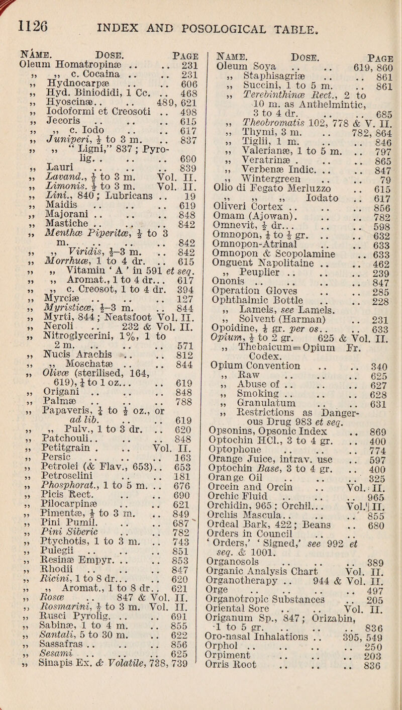 Name. Dose. Page Oleum Homatropinso .. .. 231 ,, ,, c. Cocaina .. .. 231 „ Hydnocarpae .. .. 606 ,, Hyd. Biniodidi, 1 Cc. .. 468 >, Hyoscinae.. .. 489,621 „ Iodoformi et Creosoti .. 498 „ Jecoris.615 „ „ c. Iodo .. .. 617 ,, Juniperi, \ to 3 ra. .. 837 „ „ “ Ligni,” 837 ; Pyro- lig.690 „ Lauri .839 „ Lavand., £ to 3 m. Vol. II. „ Limonis. £ to 3 m. Vol. II. „ Lini., 840 ; Lubricans .. 19 ,, Maidis.619 „ Majorani.848 „ Mastiche .. ., .. 842 „ Menthce Piperitce, | to 3 m. .. 842 „ ,, Viridis, £-3 m. .. 842 „ Morrhuce, 1 to 4 dr. .. 615 ,, „ Vitamin ‘ A ’ in 591 et seq. „ ,, Aromat., 1 to 4 dr... 617 „ ,, c. Creosot, 1 to 4 dr. 394 „ Myrciae.127 ,, Myristicce, 1-3 m. .. 844 „ Myrti, 844; Neatsfoot Vol. II. » Neroli .. 232 & Vol. II. „ Nitroglycerini, 1%, 1 to 2 m.571 „ Nucis Arachis .. .. 812 ,, ,, Moschatae .. .. 844 „ Olivce (sterilised, 164, 619), £ to 1 oz... .. 619 „ Origani.848 ,, Palmae.788 ,, Papaveris, £ to | oz., or ad lib. 619 55 „ Pulv., 1 to 3 dr. 620 55 Patchouli.. 848 55 Petitgrain . .. Vol. II. 55 Persic . 163 55 Petrolei (& Flav., 653).. 653 55 Petroselini 181 55 Phosphor at., 1 to 5 m. 676 55 Picis Beet. 690 55 Pilocarpinae 621 55 Pimentse, | to 3 m. 849 55 Pini Pumil. 687' 55 Pini Siberic 782 55 Ptychotis, 1 to 3 m. 743 55 Puiegii. 851 55 B-esinse Empyr. 853 55 Bhodii 847 55 Ricini, 1 to 8 dr... 620 55 ,, Aromat., 1 to 8 dr.. 621 55 Rosce .. 847 & Vol. II. 55 Rosmarini, 4 to 3 m. Vol. II. 55 Busci Pyrolig. .. 691 55 Sabinae, 1 to 4 m. 855 55 Santali, 5 to 30 m. 622 55 Sassafras 856 55 Sesami 625 55 Sinapis Ex. & Volatile, 738, 739 Name. Dose. Page Oleum Soya .. .. 619, 860 „ Staphisagriae .. .. 861 ,, Succini, 1 to 5 m. .. 861 ,, Terebinthince Rect., 2 to 10 m. as Anthelmintic, 3 to 4 dr. 685 782, 864 846 797 865 847 79 615 617 856 782 598 632 633 633 462 239 847 285 228 633 II. „ Theobromatis 102, 778 & V. II ,, Thy mi, 3 m. ,, Tiglii, 1 m. ,, Valerianae, 1 to 5 m. .. „ Veratrinae . „ Verbenae Indie. .. ,, Wintergreen Olio di Fegato Merluzzo m „ „ Iodato Oliveri Cortex. Omam (Ajowan). Qmnevit, £ dr... Omnopon, i to £ gr. Omnopon-Atrinal Omnopon & Scopolamine Onguent Napolitaine .. ,, Peuplier. Ononis. Operation Gloves Ophthalmic Bottle ,, Lamels, see Lamels. ,, Solvent (Harman) Opoidine, £ gr. per os.. Opium, $ to 2 gr. 625 & Vol ,, Thebaicum= Opium Fr. Codex. Opium Convention .. .. 340 » Baw .625 ,, Abuse of.627 „ Smoking.628 „ Granulatum .. .. 631 „ Bestrictions as Danger¬ ous Drug 983 et seq. Opsonins, Opsonic Index Optochin HC1., 3 to 4 gr. Optophone Orange Juice, intrav. use Optochin Rase, 3 to 4 gr. Oran ge Oil Orcein and Orcin Orchic Fluid Orchidin, 965 ; Orchil... Orchis Mascula. . Ordeal Bark, 422; Beans Orders in Council £ Orders,’ ‘ Signed,' see 992 seq. & 1001. Organosols Organic Analysis Chart- Organotherapy .. Orge . Organotropic Substances Oriental Sore .. Origanum Sp., 847; •1 to 5 gr. Oro-nasal Inhalations 869 400 774 597 400 325 II. . . 965 Vol ,‘| II. .855 .. 680 et Vol. Orphol Orpiment Orris Hoot .. 389 Vol. II. 944 & Vol. II. .. 497 .. 205 Vol. II. Orizabin, .. 836 395, 549 250 203 836