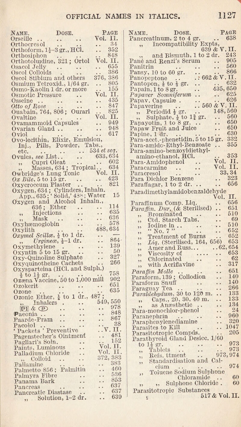 Name. Dose. Page Orseille .. .. .. Vol. II. Orthocresol .. .. .. 34 Orthoform, 1J-3 gr., HC1. .. 352 Orthosiphon .. .. .. 848 Orthotolmdine, 321; Ortol Vol. II. Osacol Jelly .. .. .. 655 Oscol Colloids . .. .. 386 Oscol Stibium and others 376, 386 Osmium Tetroxid., 1/64 gr. .. 805 Osmo-Kaolin 1 dr. or more .. 155 Osmotic Pressure .. Vol. II. Osseine .. .. .. .. 435 Otto of Rose .. .. .. 847 Ouabain, 764, 806; Ourari .. 825 Ovaltine .. .. Vol. II. Ovamammoid Capsules .. 949 Ovarian Gland .. .. .. 948 Oviol .. .. .. .. 617 Ovo-lecitbin, Elixir, Emulsion, Inj., Pills, Powder, Tabs., etc. 534 el sen. Ovules, see List.. .. 633, 634 ,, Cupri Oleat .. .. 602 ,, Masses, 634 ; Tropical.. 634 Owbridge’s Lung Tonic Vol. II. Ox Bile, 5 to 15 gr.423 Oxycroceum Plaster .. .. 821 Oxygen, 634 ; Cylinders, Inhaln. App., 635; ‘ Solid,’ 438; Water Oxygen and Alcohol Inhaln., 636; Ether „ Injections ,, Mask Oxyhsemoglobin Oxylith Oxymel Scillce, £ to 1 dr. ,, Urginecc, f-1 dr. Oxy methylene . Oxyntin 5 to 15 gr. Oxy-Quinoline Sulphate Oxyquinotheine Cachets Oxysparteina (HC1. and Sulph.) \ to H gr. Ozsana Vaccine, 50 to 1,000 mill Ozokerit Ozone Ozonic Ether, l to 1 dr. „ Inhalers . EES & CE) Faeonia Paarde-Pram Pacolol .. ‘ Packets ’ Preventive Pagenstecher’s Ointment Pagliari’s Soln. Paints, Luminous Palladium Chloride ,, Colloid Pallamine Palmetto 856; Palmitin Palmyra Fibre Panama Bark Pancreas Pancreatic Diastase Solution, 1-2 dr. 15 114 .. 635 .. 636 .. 578 488,634 !! 864' .. 139 50 .. 327 266 758 902 651 . . 635 487 ; 549,550 .. 978 .. 848 .. 867 38 . .V. II. . . 481 . . 152 Vol. IT. Vol. II. 372,383 . . 383 .. 460 . . 536 .. 853 .. 637 .. 637 .. 639 Name. Dose. Page Pancreatinum, 2 to 4 gr. .. 638 „ Incompatibility Expts, 639 & V. II. „ and Bismuth, 1 to 2 dr. 243 Pane and Renzi’s Serum .. 905 Panitrin .. .. .. 560 Pansy, 10 to 60 gr. .. .. 866 Panopeptone .. .' 662 & V. II. Pantopon, £ to i gr. .. .. 632 Papain, 1 to 8 gr. .. 435, 650 Palaver Somniferum .. .. 625 Papav. Capsulte . .. .. 626 Papaverine .. .. 560 & V. II. ,, Periodid $ gr. .. 148,560 ,, Sulphate, | to If gr. .. 560 Papayotin, i to 8 gr. .. .. 650 Papaw Fruit and Juice .. 650 Papine, 1 dr. .. .. .. 630 Para-acet.-phenetidin, 5 to 15 gr. 332 Para-amido-Ethyl-Benzoate .. 355 Para-amino-benzoyldiethyl- amino-ethanol, HC1. .. 353 Para-Amidophenol .. Vol. II. Paracarmine .. .. Vol. II. Paracresol .. .. 33,34 Para Dichlor Benzene .. 323 Paraffagar, 1 to 2 dr. .. .. 656 Paradimethylamidobenzaldehyde Vol. II. Paraffinum Comp. Liq. .. 656 Paraffin. Dur. (& Sterilised) .. 651 ,, Brominated .. .. 510 ,, Ctd. Starch Tabs. .. 69 ,, Iodine in .. .. .. 510 „ “No. 7” .. .. 652 ,, Treatment of Burns .. 652 ,, Liq. (Sterilised, 164, 656) 653 „ Amer and Russ... ..62,654 ,, Viscosity of . 653 ,, Chlorinated _ .. .. 62 ,, with Acriflavine .. 317 Paraffin Molle .. .. .. 651 Paraform, 139 ; Collodion .. 140 Paraform Snuff .. .. 140 Paraguay Tea .. .. .. 266 Paraldehydum, 30 to 120 m. .. 133 „ Caps., 20, 30, 40 m. .. 133 ,, as Anaesthetic .. .. 134 Para-monochlor-phenol .. 24 Paranephrin .. .. .. 960 Paraphenylcnediamine .. 320 Parasites to Kill .. . • 1047 Parasitotropic Compels.. .. 205 Parathyroid Gland Desicc. 1/60 to H gr. • • • • • • 973 ,, Tablets .. .. . • 973 ,, Refs, ttment .. 973,974 ,, Standardisation and Cal¬ cium .. .. .. 974 ,, Toluene Sodium Sulphone Chloramide .. 60 ,, ,, Sulphone Chloride . 60 Parasitotropic Substances L» 517 & Vol. II.