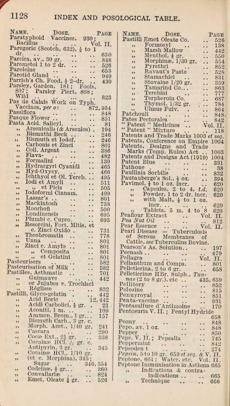 Name. Dose. Page Paratyphoid Vaccines, 930; Bacillus .. .. Vo1 II Paregoric (Scotch, 632), i to 1 _ dr-. . .. 630 Pareira, ay., 30 gr.848 Paremetol 1 to 2 dr.526 Paroleine .653 Parotid Gland.949 Parrish’s Ch. Food, 4 2-dr. .. 430 Parsley, Garden, 181; Fools, 807 ; Parsley Piert, 808 ; _ Wild • • 823 Pas ae Calais Work on Typh. Vaccines, per 0? .. 872,934 Passiflora .848 Basque Flower.851 Pasta Acid. Salicyl.81 ,, Arsenicalis (& Arsenics) . 194 ,, Bismuthi Beck .. .. 246 ,, Bismuth et Iodof. .. 246 „ Carbonis et Zinci .. 801 „ Coll. Argent .. .. 386 „ Flava-.482 „ Formalini .. .. 139 „ Hydrargyri Cyanidi .. 465 „ Hyd-Oxycy.466 „ Ichthyol et 01. Tereb. .. 495 „ Iodi et Amyli .. .. 511 „ „ et Picis .. .. 505 „ Iodoformi Cinnam. .. 499 „ Lassar’s.801 ,, Mackintosh .. .. 738 „ Moorhofi .. .. 500 „ Londinensis .. .. 695 ,, Pl'umbi c. Cupro. .. 693 „ Resorcini, Fort. Mitis, et c. Zinci Oxido . .. 731 „ Theobromatis .. .. 778 » Unna .801 „ Zinci c. Amylo .. .. 801 „ „ Composita .. 801 ,, „ et Gelatini .. 801 Pasteurisers .. .. .. 582 Pasteurisation of Milk . !582 Pastilles, Asthmatic .. .. 701 ,, Guimauve .. .. 442 „ or Jujubes v. Trochisci „ Reglisse .. .. 832 Pastilli, Glyco-gelatin . .. 442 ,, Acid Boric .. 12,442 ,, Acidi Carbolici, 4 gr. . 21 „ Aconiti, 1 m.109 ,, Ammon. Brom., 1 gr... 157 „ Bismuth Carb., 3 gr. c. ,, Morph. Acet., 1/40 gr. 241 ,, Cascara .. .. 290 ,, Coca* Ext., 2£ gr. .. 338 „ Cocaines HC1. s's gr. c. Antipyrin, 3 gr. .. 345 „ Cocainse HCI., 1/10 gr. „ (et c. Morphina), 345; Sugar . .. 346,554 „ Codeinae, i gr.360 ,, Convallarise .. .. 824 „ Emet. Oleate j gr. .. 526 55 55 55 55 55 55 55 55 55 Name. Dose. Pastilli Emet Oleate Co. Formosyl Marsh Mallow Menthol, 4 gr. Morphinae, i/30 gr, Pyrethri Ravaut’s Paste Stamachici Stovaine 1/20 gr. Tamarind Co... Terebini Terpheroin Co. Thymol, 1/32 gr. Ulrnus Fulv. Patchouli Pates Pectorales “ Patent ” Medicines .. “ Patent ” Mixture .. .. Patents and Trade Marks 1003 et seq. Patents, Conference on Empire 1004 Patents, Designs and Trade Marks (Temp. Rules) Act .. Patents and Designs Act (1919) Patent Blue. Pathone. Paullinia Sorbilis Pautauberge’s Sol., | oz. Pavimol, 4 to 1 oz. incr. „ Capsules, 2 to 4, „ Powder, 1 to 2 dr ,, with Malt, 4 to incr. „ Tablets, 5 m. 4 Peaflour Extract Pea Nut Oil Pear Essence Pearl Disease = Tuberculosis of Serous Membranes of Cattle, see Tuberculins Bovine. Pearson’s As. Solution.. Peenash . Pellagra Pellanthum and Comps. Pelletierina, 2 to 6 gr. Pelletierinse HBr. Sulph., nas (2 to 8 gr.), etc .. Pellitory Pelosine Pennyroyal Penta-vaccine .. Pentasulfure d’Antimoine Pentosuria V. II Page .. 526 .. 138 .. 442 .. 550 .. 554 .. 852 .. 528 .. 831 .. 359 .. 863 .. 777 .. 687 .. 784 .. 864 .. 848. . . 842 Vol. II. 118 1003 1004 331 38 832 394 620 620 620 t.d. , incr. 1 oz. .. 620 to 8 620 Vol. II. .. 812 Vol. II. Vol 197 479 II. 801 658 Peony Pepo, av. 1 oz. Pepper Peps. V. II.; Pepsalia Peppermint Pepsoden t Pepsin, 5 to 10 gr. Tan- 435,659 .. 852 .. 815 .. 851 .. 931 . . 170 Pentyl Hydride 658 848 848 850 745 842 274 659 et seq. & V. II. Peptone, 661: Water, etc. Vol. II. Peptone Immunisation in Asthma 665 Indications & contra- indicatioas .. .. 665 Technique .. .. 666