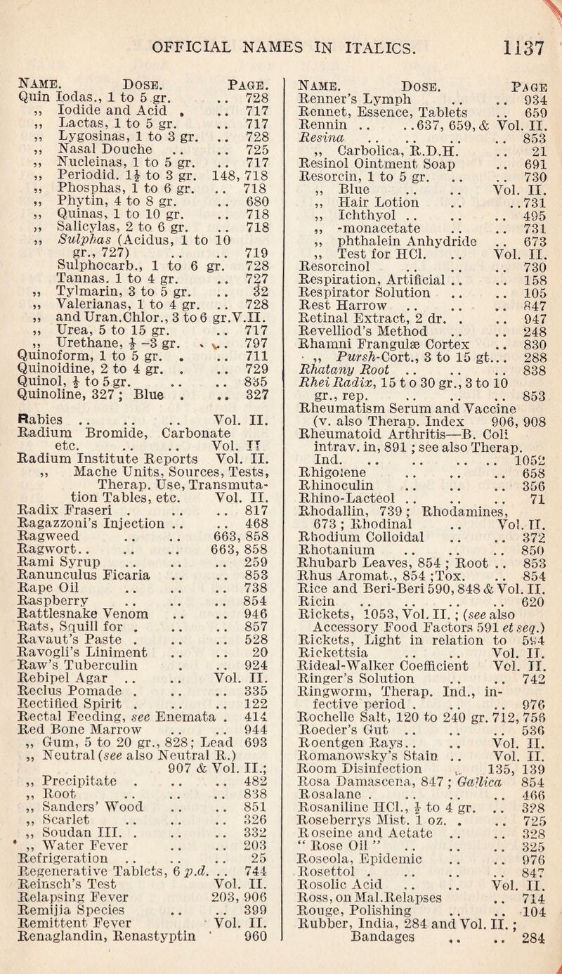 Name. Dose. Page. Quin Iodas., 1 to 5 gr. .. 728 ,, Iodide and Acid . .. 717 ,, Lactas, 1 to 5 gr. .. 717 ,, Lygosinas, 1 to 3 gr. .. 728 ,, Nasal Douche .. .. 725 ,, Nucleinas, 1 to 5 gr. .. 717 ,, Periodid. 1£ to 3 gr. 148, 718 ,, Phosphas, 1 to 6 gr. .. 718 ,, Phytin, 4 to 8 gr. .. 680 ,, Quinas, 1 to 10 gr. .. 718 „ Salicylas, 2 to 6 gr. .. 718 ,, Sulphas (Acidus, 1 to 10 gr., 727) .. .. 719 Sulphocarb., 1 to 6 gr. 728 Tannas. 1 to 4 gr. .. 727 „ Tylmarin, 3 to 5 gr. .. 32 ,, Yalerianas, 1 to 4 gr. .. 728 ,, and Uran.Chlor., 3 to 6 gr.V.II. ,, Urea, 5 to 15 gr. .. 717 ,, Urethane, % -3 gr. » v • 797 Quinoform, 1 to 5 gr. . .. 711 Quinoidine, 2 to 4 gr. . .. 729 Quinol, $ to 5 gr. .. .. 835 Quinoline, 327 ; Blue . .. 327 Rabies. Yol. II. Badium Bromide, Carbonate etc.Vol. IT Badium Institute Beports Vol. II. ,, Mache Units, Sources, Tests, Therap. Use, Transmuta¬ tion Tables, etc. Vol. II. Badix Fraseri . .. .. 817 Bagazzoni’s Injection .. .. 468 Bagweed .. .. 663, 858 Bagwort. 663, 858 Bami Syrup.259 Banunculus Ficaria .. .. 853 Bape Oil .. .. .. 738 Baspberry .. .. .. 854 Battlesnake Venom .. .. 946 Bats, Squill for . .. .. 857 Bavaut’s Paste . .. .. 528 Bavogli’s Liniment .. .. 20 Baw’s Tuberculin . .. 924 Bebipel Agar .. .. Vol. II. Beclus Pomade . .. .. 335 Bectified Spirit . .. .. 122 Bectal Feeding, see Enemata . 414 Bed Bone Marrow .. .. 944 ,, Gum, 5 to 20 gr., 828; Lead 693 ,, Neutral (see also Neutral B.) 907 & Vol. II.; 482 838 851 326 332 203 25 744 Vol. II. „ Precipitate . ,, B,oot ,, Sanders’ Wood ,, Scarlet ,, Soudan III. . * ,, Water Fever Befrigeration .. Degenerative Tablets, 6 p.d. Beinsch’s Test Belapsing Fever Bemijia Species Bemittent Fever Benaglandin, Benastyptin 203,906 .. 399 Vol. II. 960 Name. Dose. Page Benner’s Lymph .. .. 934 Bennet, Essence, Tablets .. 659 Bennin .. . .637, 659, & Vol. II. Resina .. .. .. .. 853 ,, Carbolica, B.D.H. .. 21 Besinol Ointment Soap .. 691 Besorcin, 1 to 5 gr.730 „ Blue .. .. Vol. II. ,, Hair Lotion .. ..731 ,, Ichthyol.495 ,, -monacetate .. .. 731 ,, phthalein Anhydride .. 673 „ Test for IIC1. .. Vol. II. Besorcinol .. .. .. 730 Bespiration, Artificial .. .. 158 Bespirator Solution .. .. 105 Best Harrow .. .. .. 847 Betinal Extract, 2 dr. . .. 947 Bevelliod’s Method .. .. 248 Bhamni Frangulse Cortex .. 830 ■ ,, Pursh-Cort., 3 to 15 gt... 288 Rhatany Root .. .. .. 838 Rhei Radix, 15 t o 30 gr., 3 to 10 gr., rep. .853 Bheumatism Serum and Vaccine (v. also Therap. Index 906, 908 Bheumatoid Arthritis—B. Coll see also Therap. .. .. 1052 .. 658 .. 356 intrav. in, 891;: Ind. Bhigofene Bhinoculin Bhino-Lacteol .. .. .. 71 Bhodallin, 739; Bhodamines, 673 ; Bhodinal .. Vol. TI. Bhodium Colloidal .. .. 372 Bhotanium .. .. .. 850 Bhubarb Leaves, 854 ; Boot .. 853 Bhus Aromat., 854 ;Tox. .. 854 Bice and Beri-Beri590,848&Vol. II. Bicin.620 Bickets, 1053, Vol. II. ; (see also Accessory Food Factors 591 etseq.) Bickets, Light in relation to 594 Bickettsia .. .. Vol. IT. Bideal-Walker Coefficient Vol. II. Binger’s Solution .. .. 742 Bingworm, Therap. Ind., in¬ fective period . .. .. 976 Bochelle Salt, 120 to 240 gr. 712, 756 Boeder’s Gut .. .. .. 536 Boentgen Bays.. .. Vol. II. Bomanowsky’s Stain ,. Vol. II. Boom Disinfection k, 135, 139 Bosa Bamascena, 847 ; Gajlica 854 Bosalane . .. .. .. 466 Bosaniline HC1., 4 to 4 gr. Boseberrys Mist. 1 oz. . Boseine and Aetate .. .. 328 “ Bose Oil ”.325 B,oseola, Epidemic .. .. 976 Bosettol . .. .. .. 847 Bosolic Acid .. .. Vol. II. Boss,onMal.Belapses .. 714 B.ouge, Polishing .. .. 104 Bubber, India, 284 and Vol. II.; Bandages ,. .. 284 328 79 K