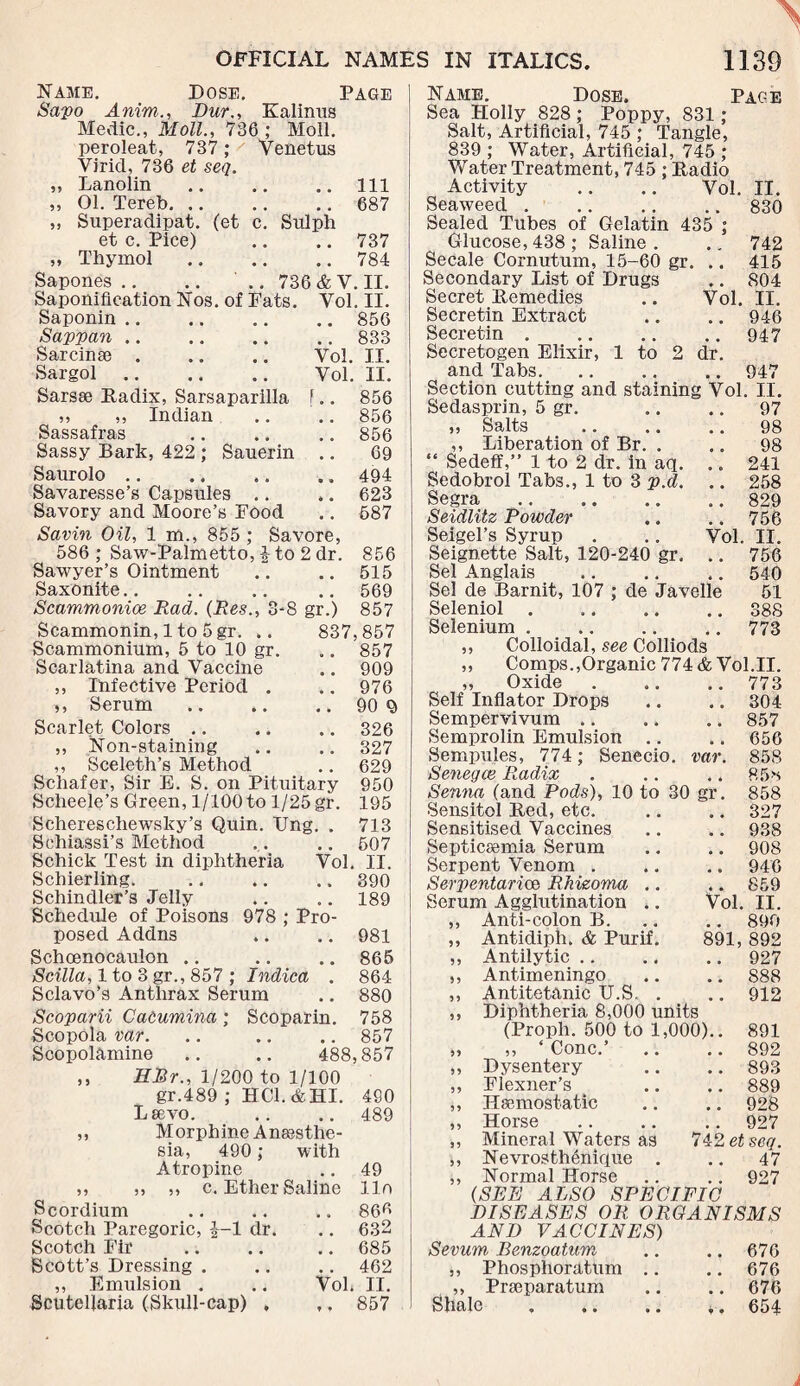 Name. Dose. Page Sapo Anim., Dur., Kalinus Medic., Moll., 736 ; Moll, peroleat, 737 ; Venetus Virid, 736 et seq. „ Lanolin .Ill ,, 01. Tereb.687 ,, Superadipat. (et c. Sulph et c. Pice) .. .. 737 „ Thymol.784 Sapones .. .. .. 736 & V. II. Saponification Nos. of Fats. Yol. II. Saponin.856 Sappan.833 Sarcinse. Vol. II. Sargol. Vol. II. Sarsae Radix, Sarsaparilla F.. 856 ,, „ Indian .. .. 856 Sassafras .. .. .. 856 Sassy Bark, 422 ; Sauerin .. 69 Saurolo.494 Savaresse’s Capsules .. ,. 623 Savory and Moore’s Food .. 587 Savin Oil, 1 m., 855 ; Savore, 586 ; Saw-Palmetto, 4 to 2 dr. 856 Sawyer’s Ointment .. .. 515 Saxonite. .. 569 Scammonioe Rad. (Res., 3-8 gr.) 857 Scammonin, 1 to 5gr. .. 837,857 Scammonium, 5 to 10 gr. .. 857 Scarlatina and Vaccine .. 909 ,, Infective Period . .. 976 ,, Serum.90 <3 Scarlet Colors.326 ,, Non-staining .. .. 327 ,, Sceleth’s Method .. 629 Schafer, Sir E. S. on Pituitary 950 Scheele’s Green, 1/100 to 1/25 gr. 195 Schereschewsky’s Quin. Ung. . 713 Sehiassi’s Method .. .. 507 Schick Test in diphtheria Vol. II. Schierling. .390 Schindler’s Jelly .. .. 189 Schedule of Poisons 978 ; Pro¬ posed Addns .. .. 981 Schoenocaulon .. .. .. 865 Scilla, 1 to 3 gr., 857 ; Indica . 864 Sclavo’s Anthrax Serum .. 880 Scoparii Cadumina ; Scoparin. 758 Scopola var. .. .. .. 857 Scopolamine .. .. 488,857 ,, HMr., 1/200 to 1/100 gr.489 ; HC1.&HI. 490 Lsevo. .. .. 489 ,, Morphine Anaesthe¬ sia, 490 ; with Atropine .. 49 ,, ,, ,, c. Ether Saline llo Scordium .. .. .. 86fi Scotch Paregoric, |-1 dr. .. 632 Scotch Fir .. .. .. 685 Scott’s Dressing . .. .. 462 ,, Emulsion . .. Vol. II. Scutellaria (Skull-cap) , ,, 857 Name. Dose. Page Sea Holly 828; Poppy, 831; Salt, Artificial, 745 ; Tangle, 839 ; Water, Artificial, 745 ; Water Treatment, 745 ; Radio Activity .. .. Vol. II. Seaweed.830 Sealed Tubes of Gelatin 435 ; Glucose, 438; Saline. .. 742 Secale Cornutum, 15-60 gr. .. 415 Secondary List of Drugs .. 804 Secret Remedies .. Vol. II. Secretin Extract .. .. 946 Secretin.947 Secretogen Elixir, 1 to 2 dr. and Tabs. .. .. .. 947 Section cutting and staining Vol. II. Sedasprin, 5 gr. .. .. 97 >, Salts . 98 ,, Liberation of Br. . .. 98 “ Sedeff,” 1 to 2 dr. in aq. .. 241 Sedobrol Tabs., 1 to 3 p.d. .. 258 Segra .829 Seidlitz Powder .. .. 756 Seigel’s Syrup . .. Vol. II. Seignette Salt, 120-240 gr. .. 756 Sel Anglais .540 Sel de Barnit, 107 ; de Javelle 51 Seleniol.38S Selenium . 773 ,, Colloidal, see Colliods ,, Comps.,Organic 774 & Vol.II. ,, Oxide.773 Self Inflator Drops .. .. 304 Sempervivum .. .. .. 857 Semprolin Emulsion .. .. 656 Sempules, 774; Senecio. var. 858 Senega; Radix . .. .. 85>> Senna (and Pods), 10 to 30 gr. 858 Sensitol Red, etc. .. .. 327 Sensitised Vaccines .. .. 938 Septicaemia Serum .. .. 908 Serpent Venom . .. .. 946 Serpentarioz RMzoma .. .. 859 Serum Agglutination .. Vol. II. ,, Anti-colon B. .. .. 890 ,, Antidiph. & Purif. 891, 892 „ Antilytic.927 ,, Antimeningo .. .. 888 ,, Antitetanic U.S. . .. 912 ,, Diphtheria 8,000 units (Proph. 500 to 1,000).. 891 „ ,, ‘ Cone.’ .. .. 892 „ Dysentery .. .. 893 ,, Flexner’s .. .. 889 ,, Haemostatic .. .. 928 ,, Horse .927 ,, Mineral Waters as 742 etseq. ,, Nevrosth6nique . .. 47 ,, Normal Horse .. .. 927 (SEE ALSO SPECIFIC DISEASES OR ORGANISMS AND VACCINES) Sevum Benzoatum .. .. 676 ,, Phosphoratum .. .. 676 Praeparatum .. .. 676 Shale 654